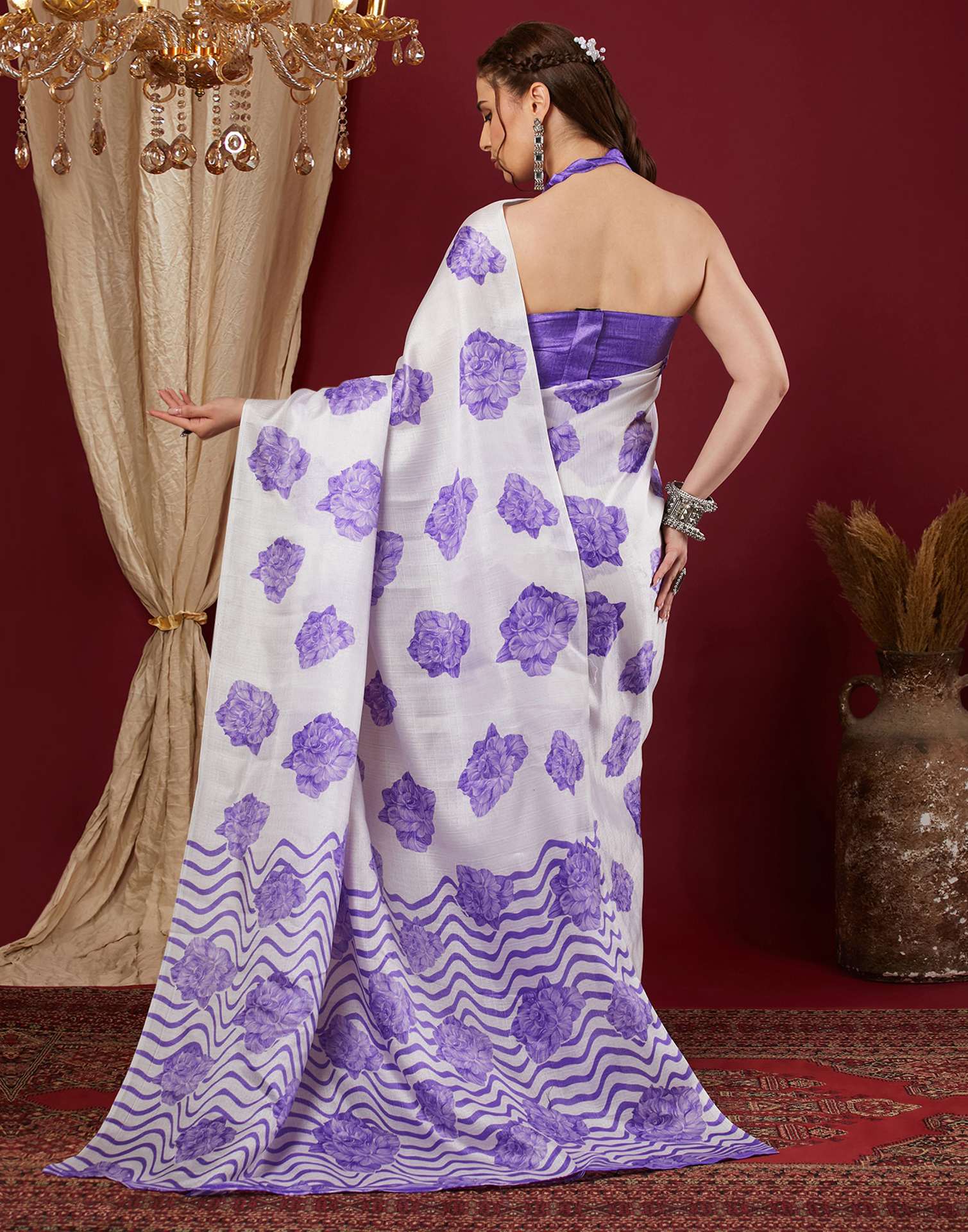 White Cotton Blend Floral Printed Saree