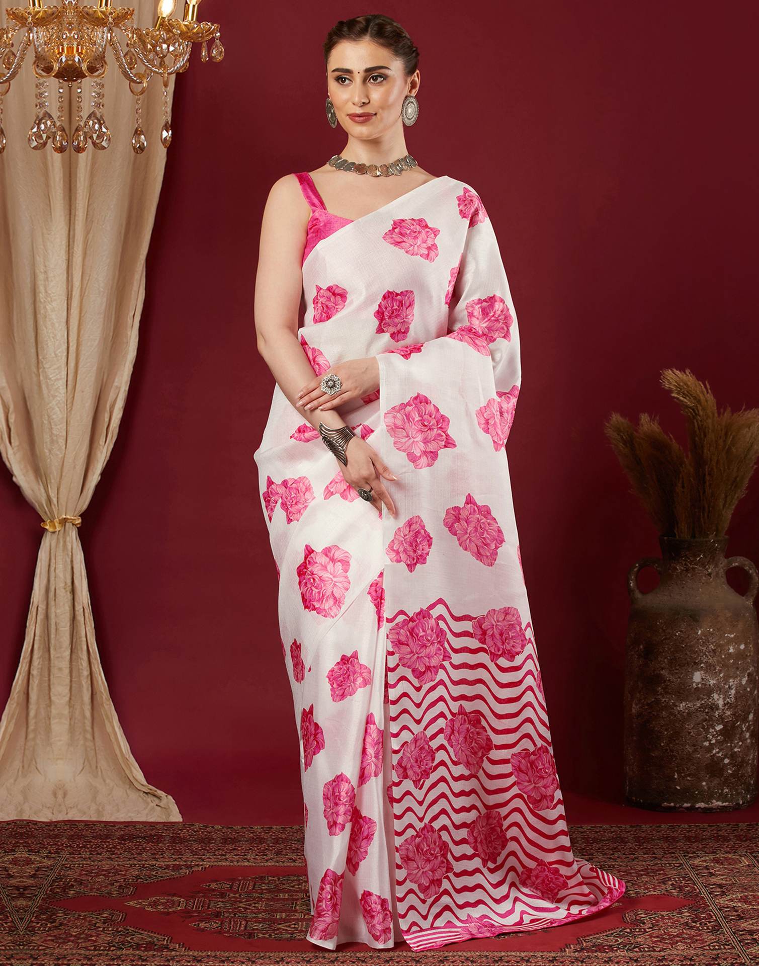 White Cotton Blend Floral Printed Saree