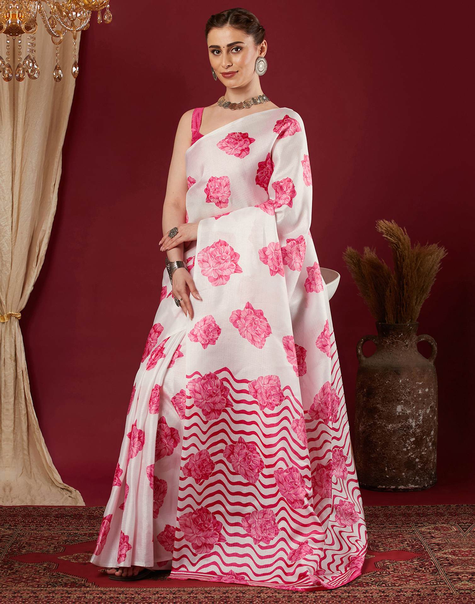 White Cotton Blend Floral Printed Saree