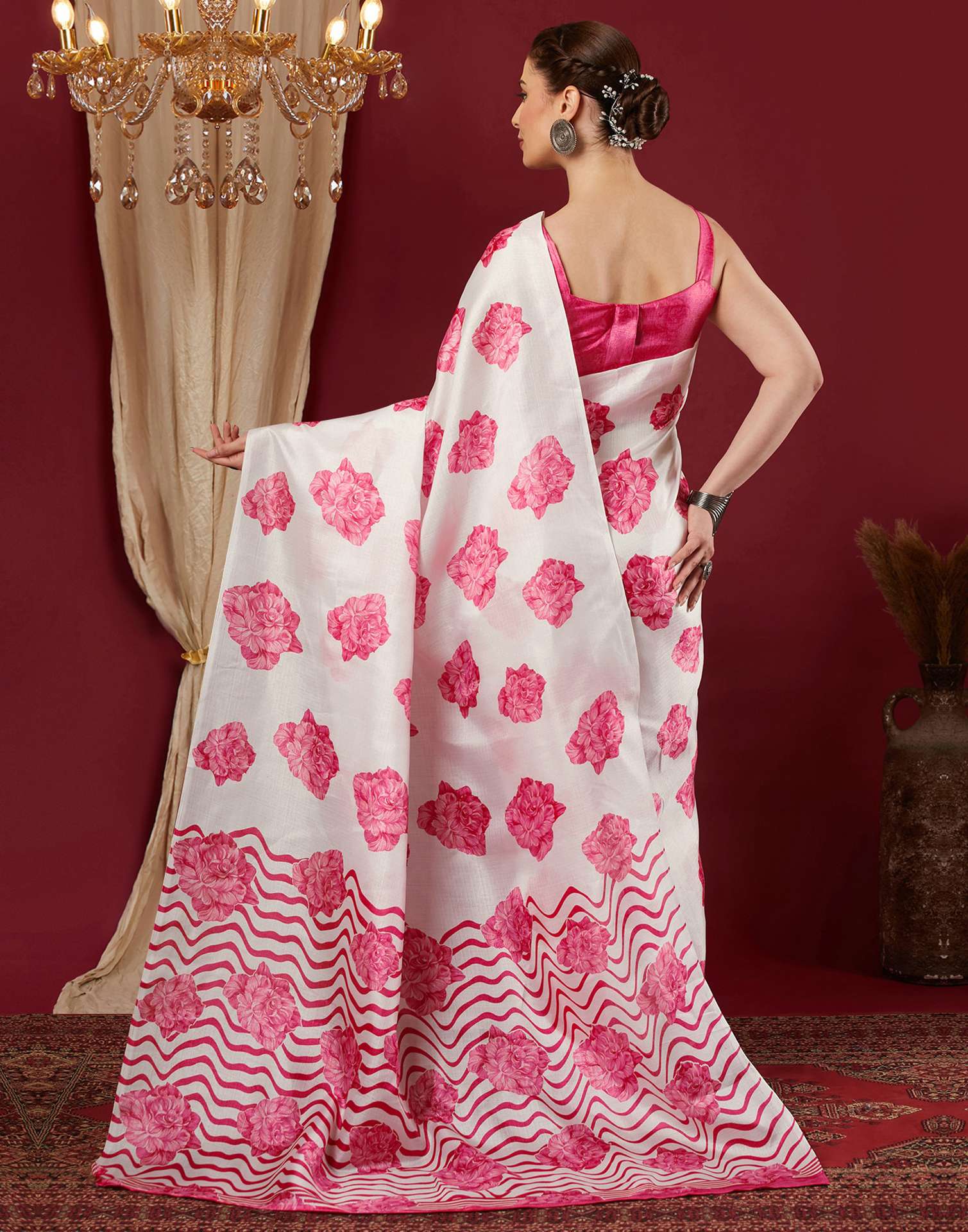 White Cotton Blend Floral Printed Saree