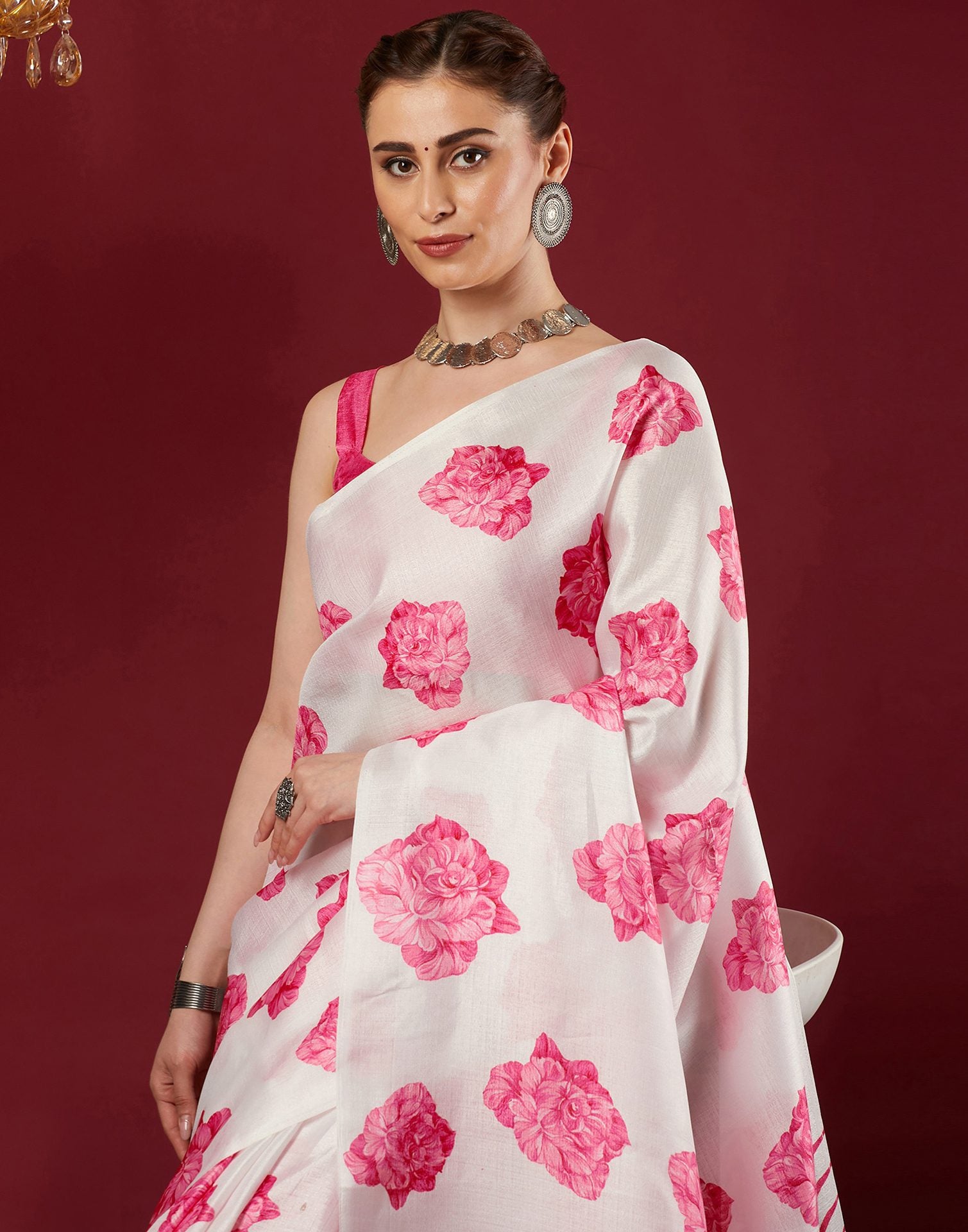 White Cotton Blend Floral Printed Saree