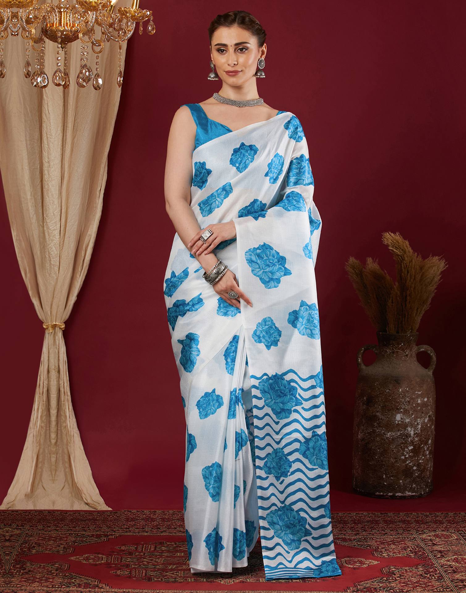 White Cotton Blend Floral Printed Saree