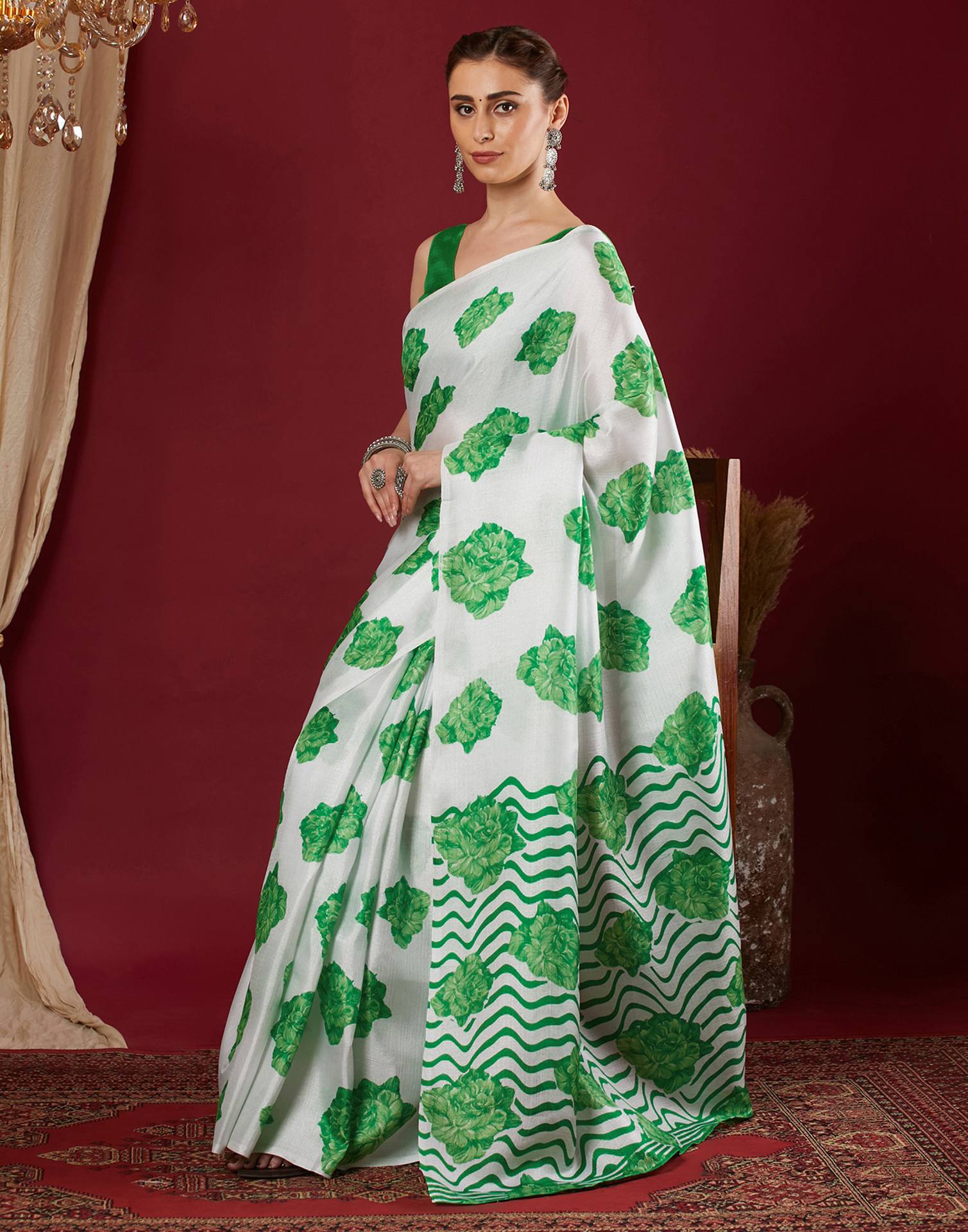 White Cotton Blend Floral Printed Saree