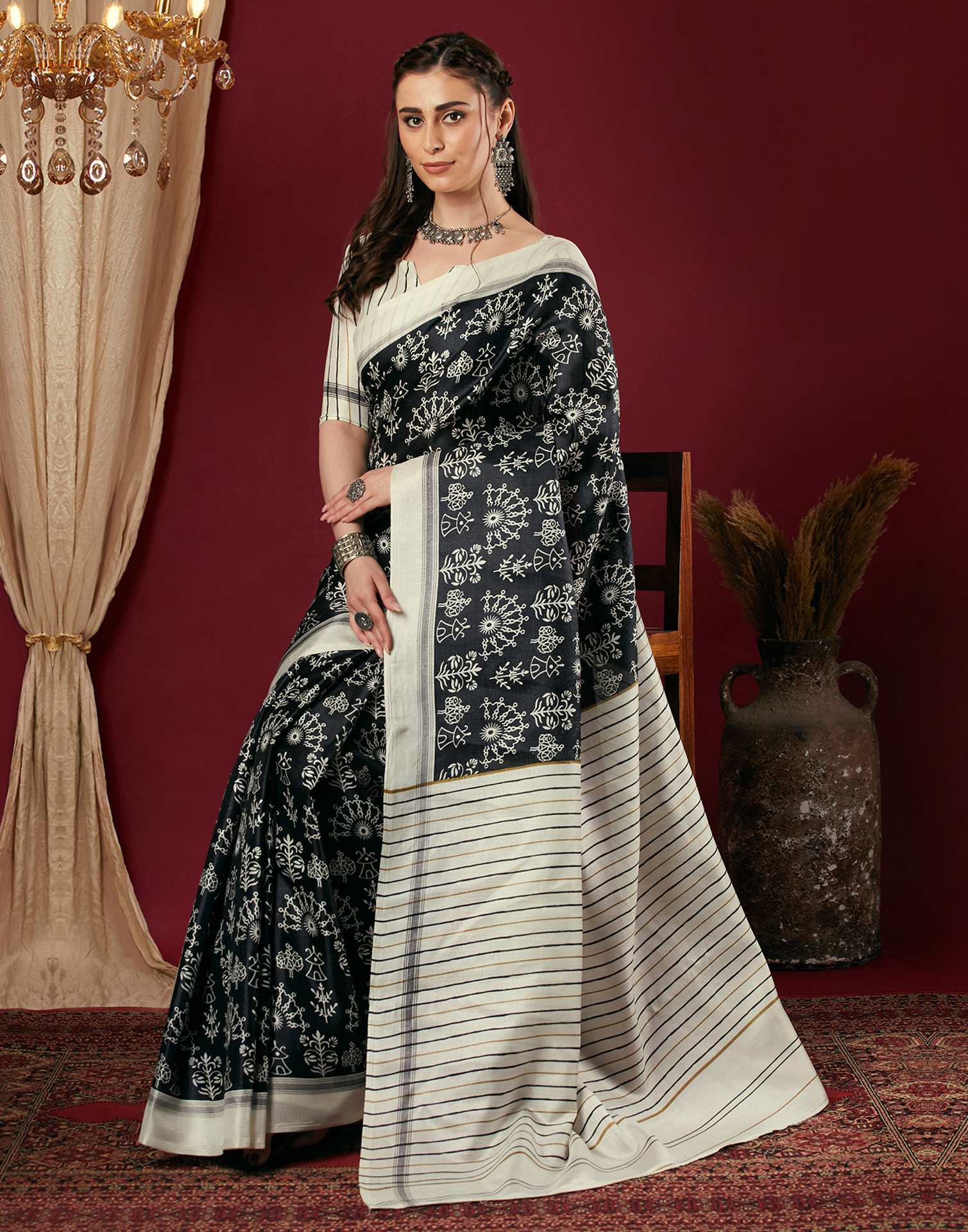 Black Cotton Blend Warli Printed Saree