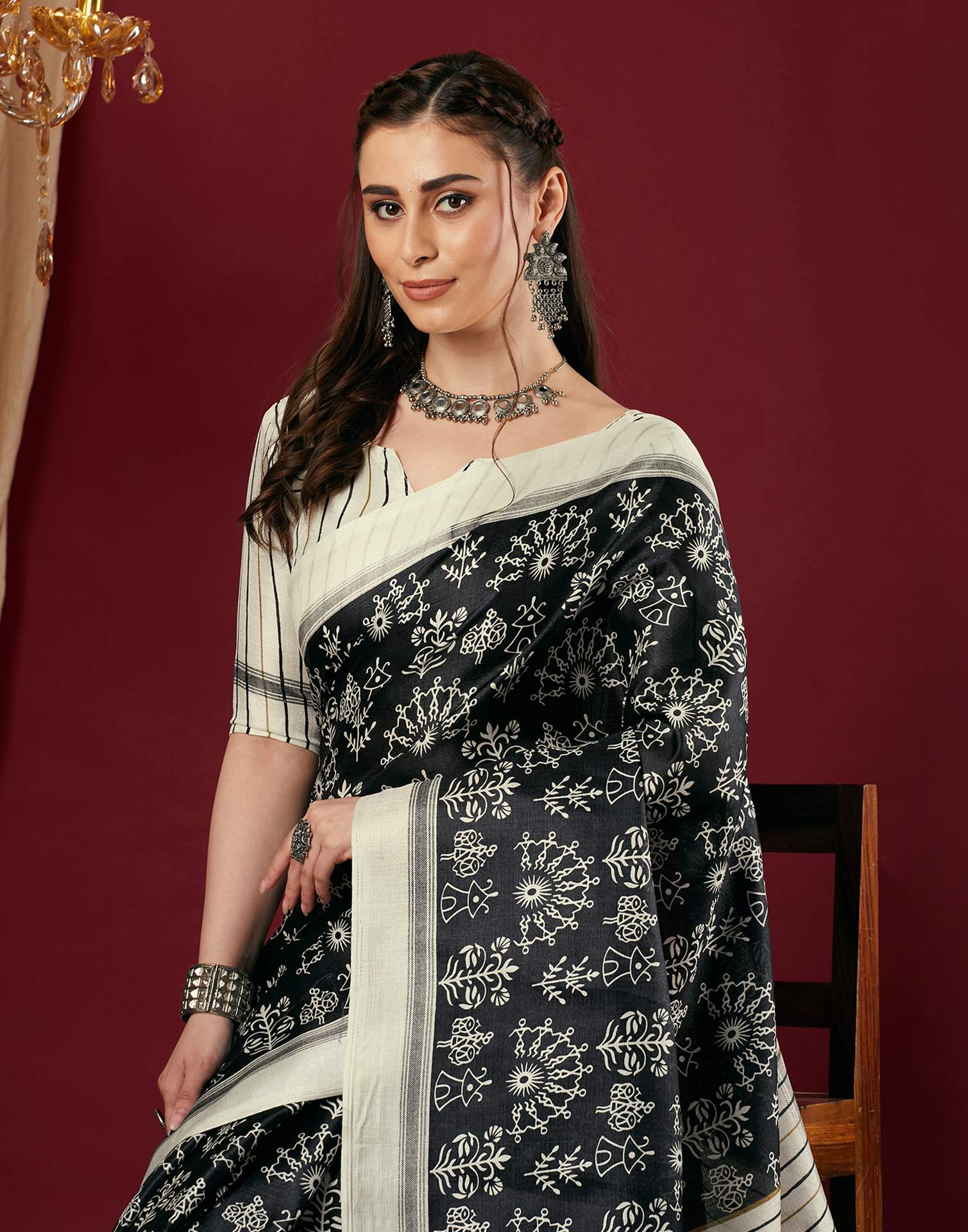 Black Cotton Blend Warli Printed Saree