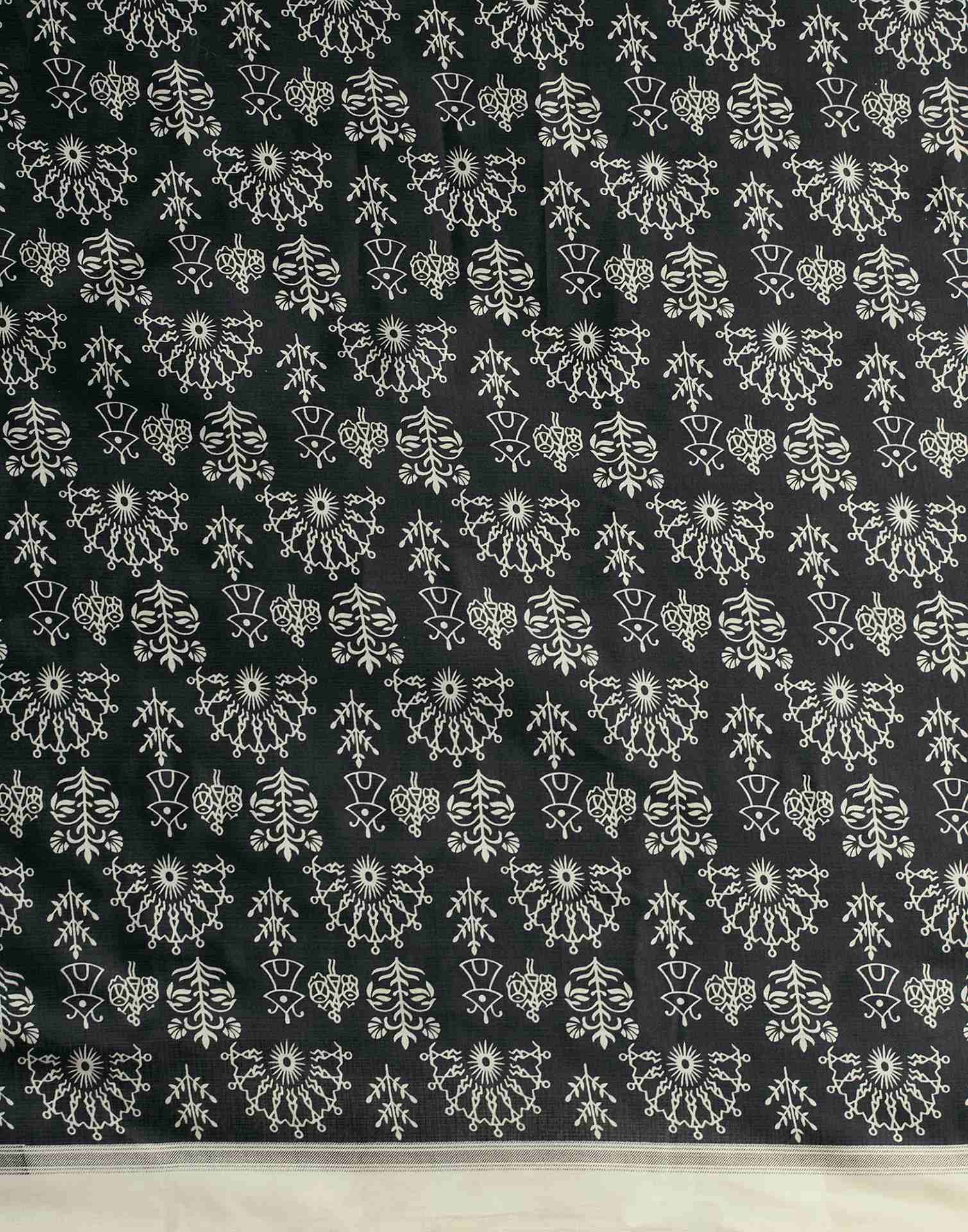 Black Cotton Blend Warli Printed Saree