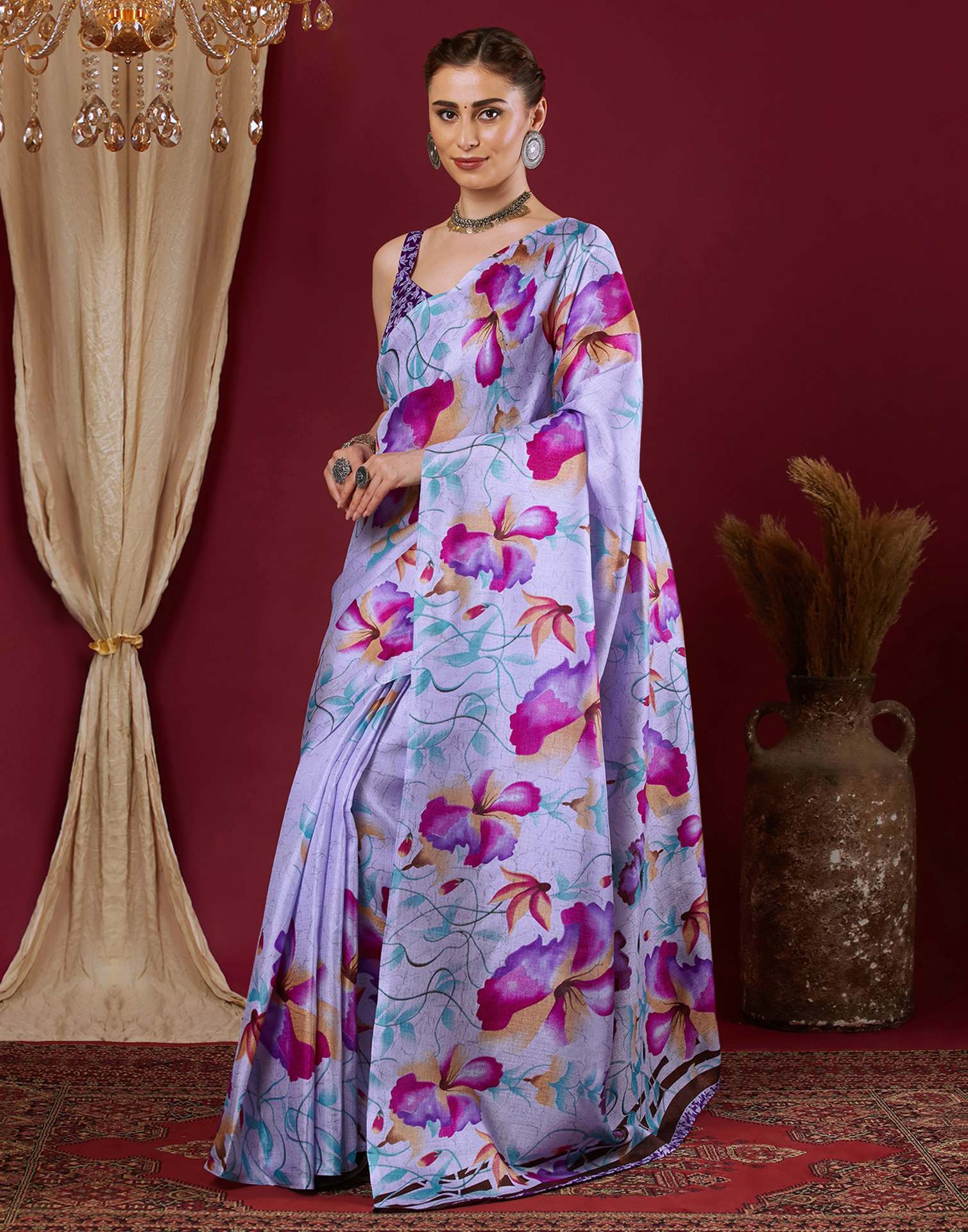Light Lavender Cotton Blend Floral Printed Saree