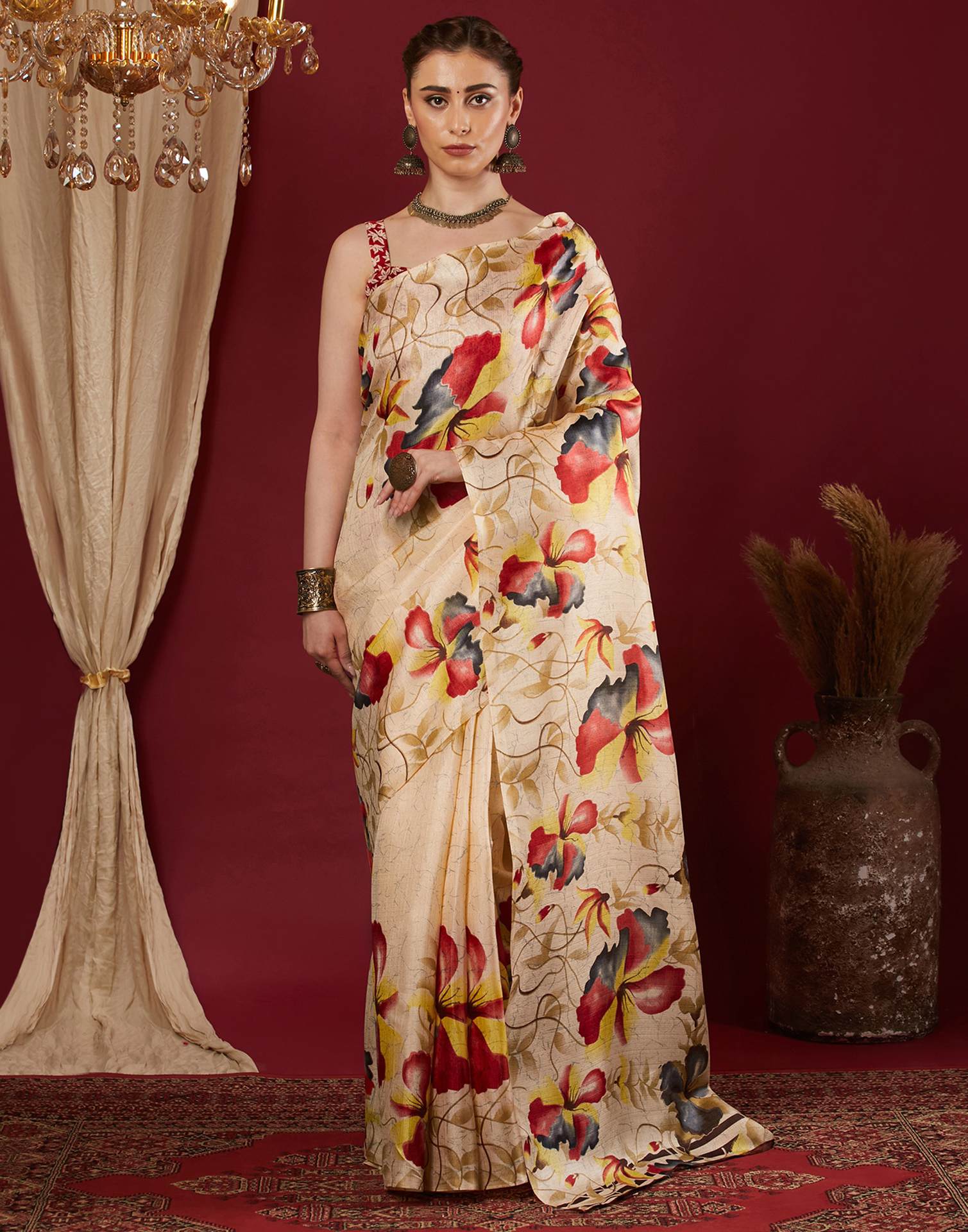 Dark Cream Cotton Blend Floral Printed Saree