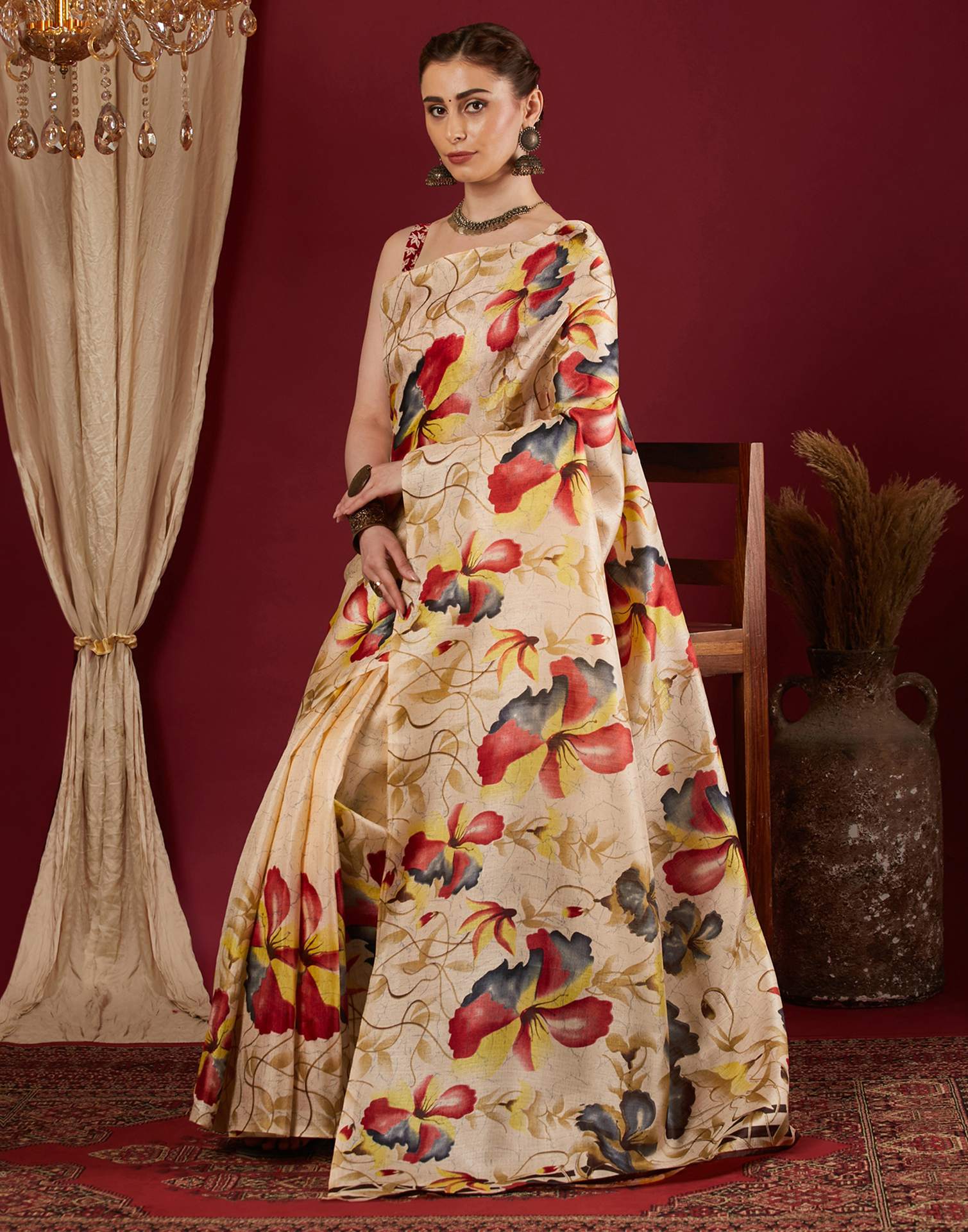 Dark Cream Cotton Blend Floral Printed Saree
