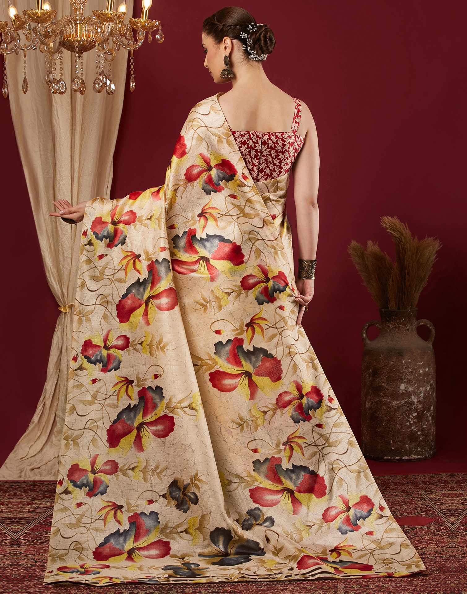 Dark Cream Cotton Blend Floral Printed Saree