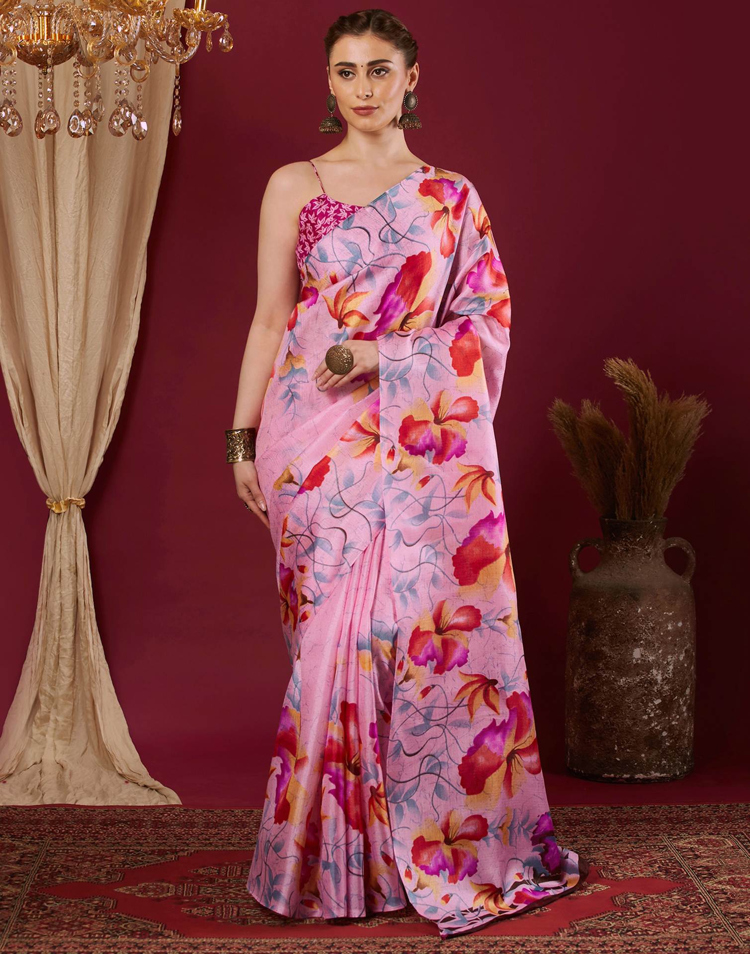 Light Pink Cotton Blend Floral Printed Saree