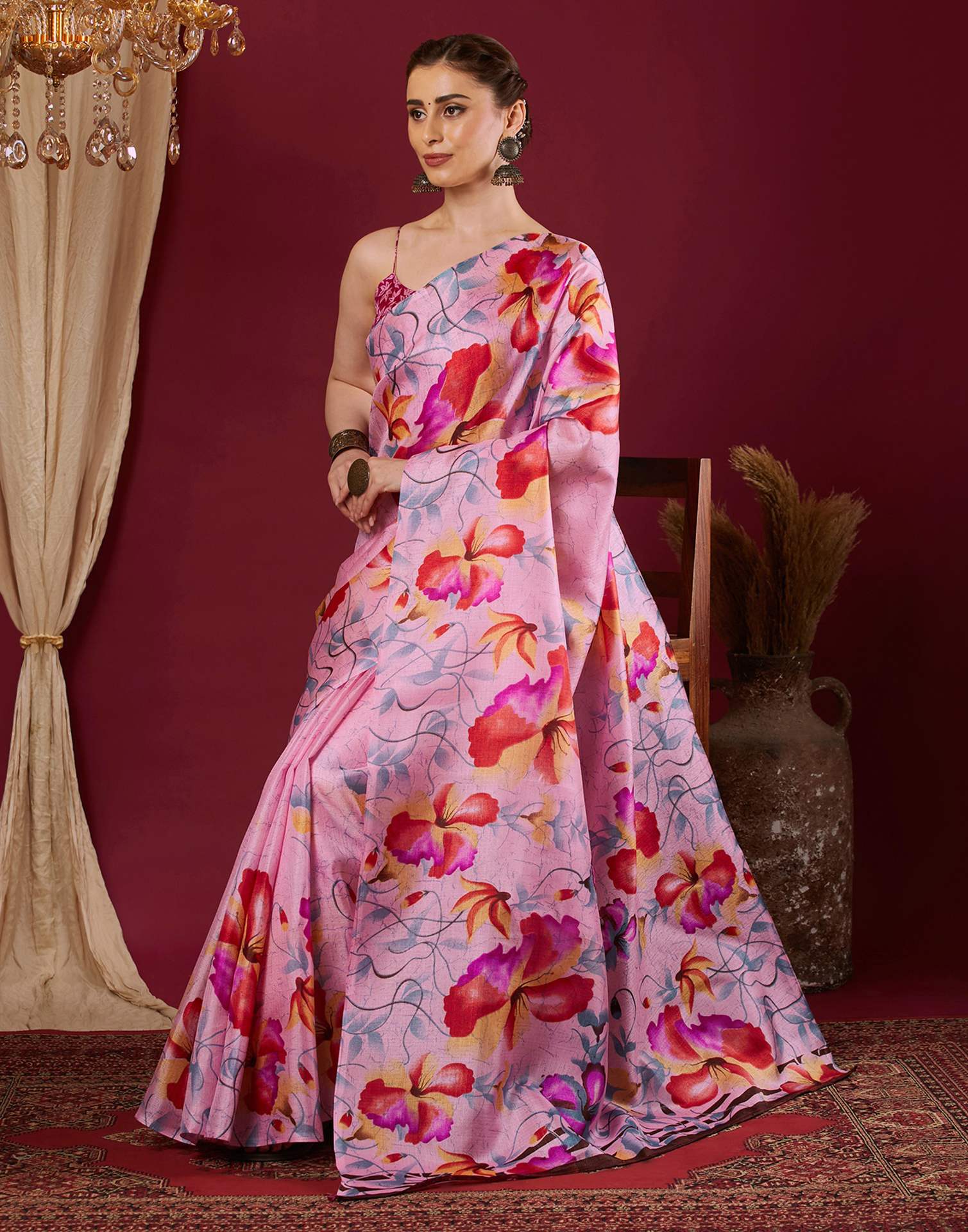 Light Pink Cotton Blend Floral Printed Saree