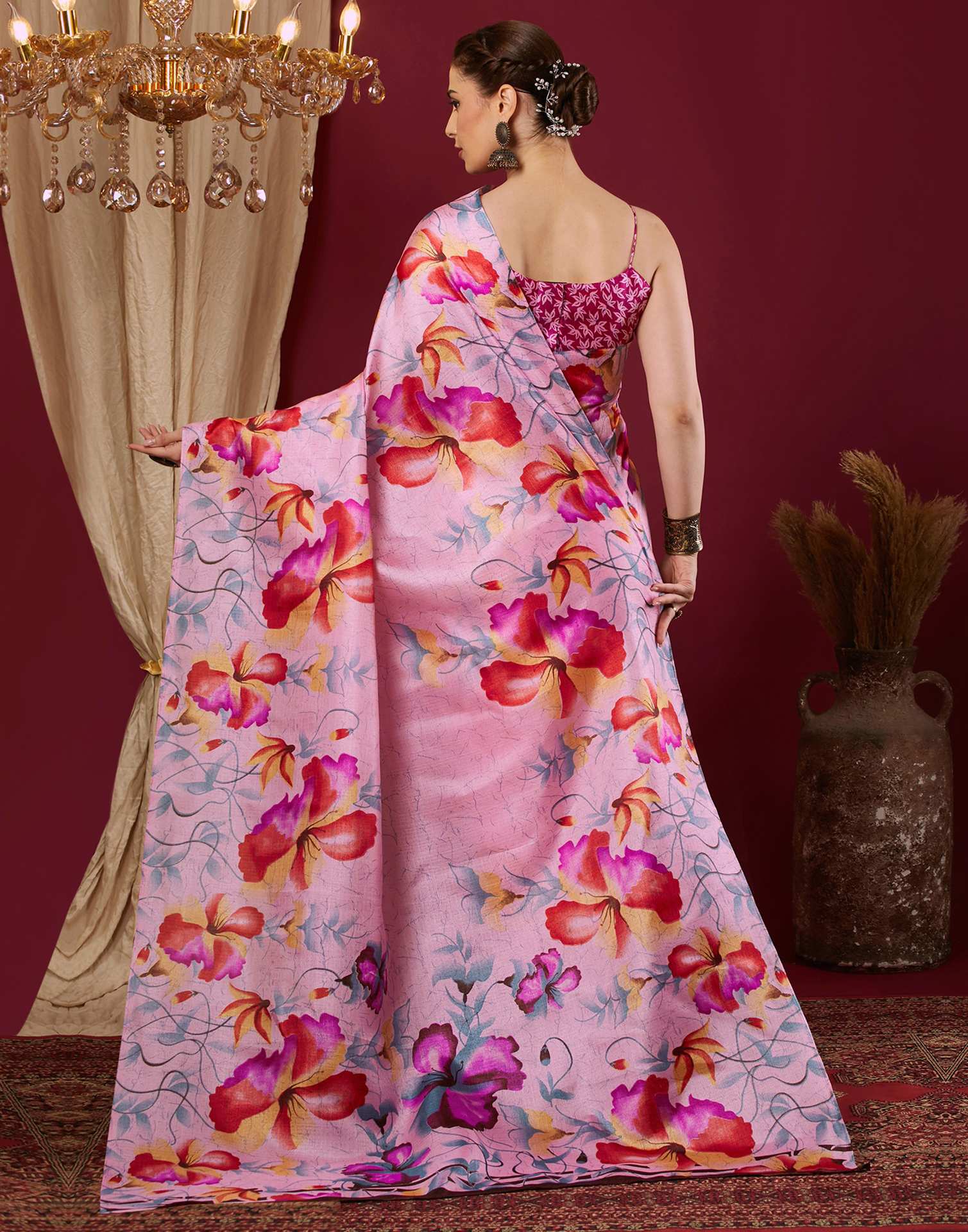 Light Pink Cotton Blend Floral Printed Saree