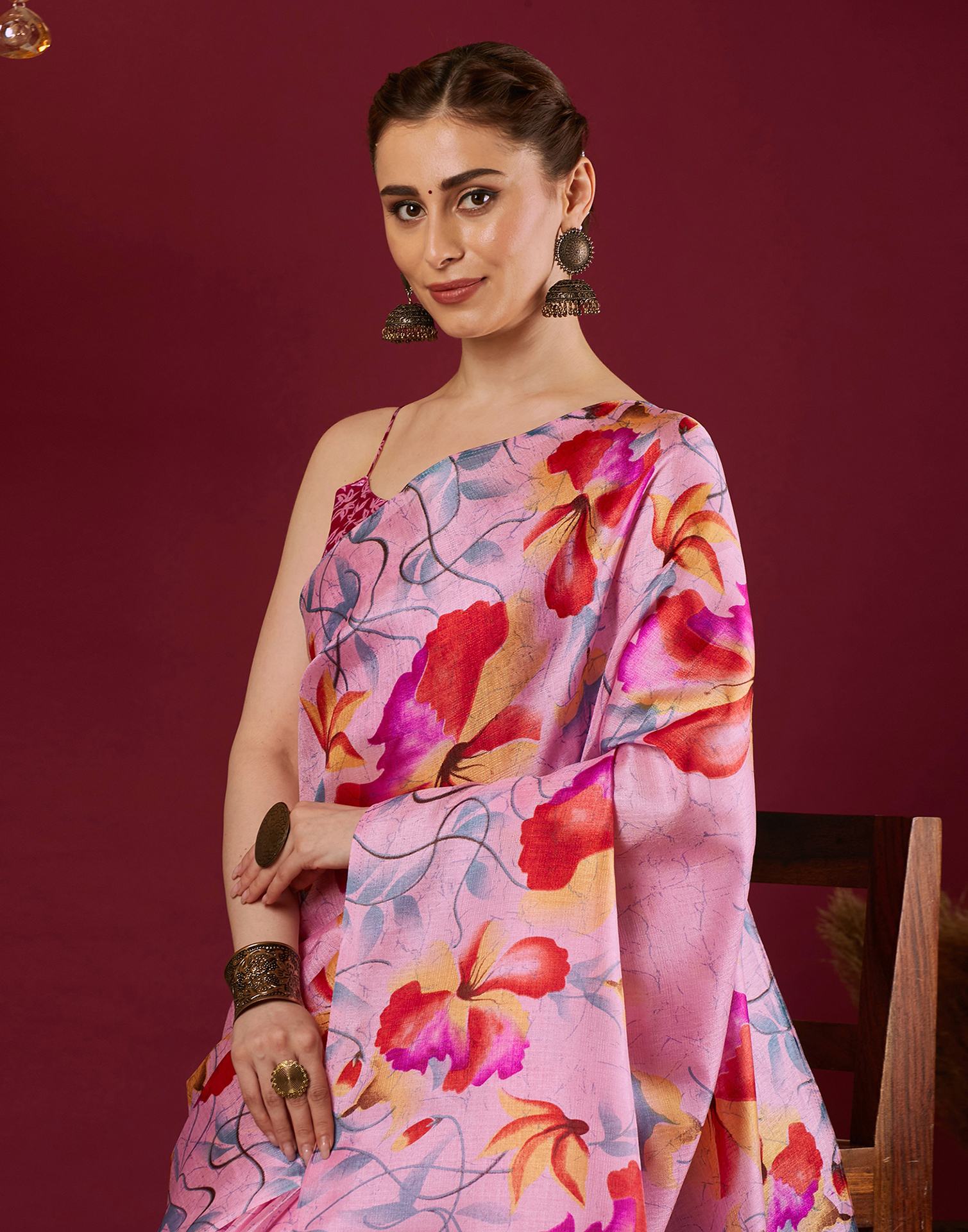 Light Pink Cotton Blend Floral Printed Saree