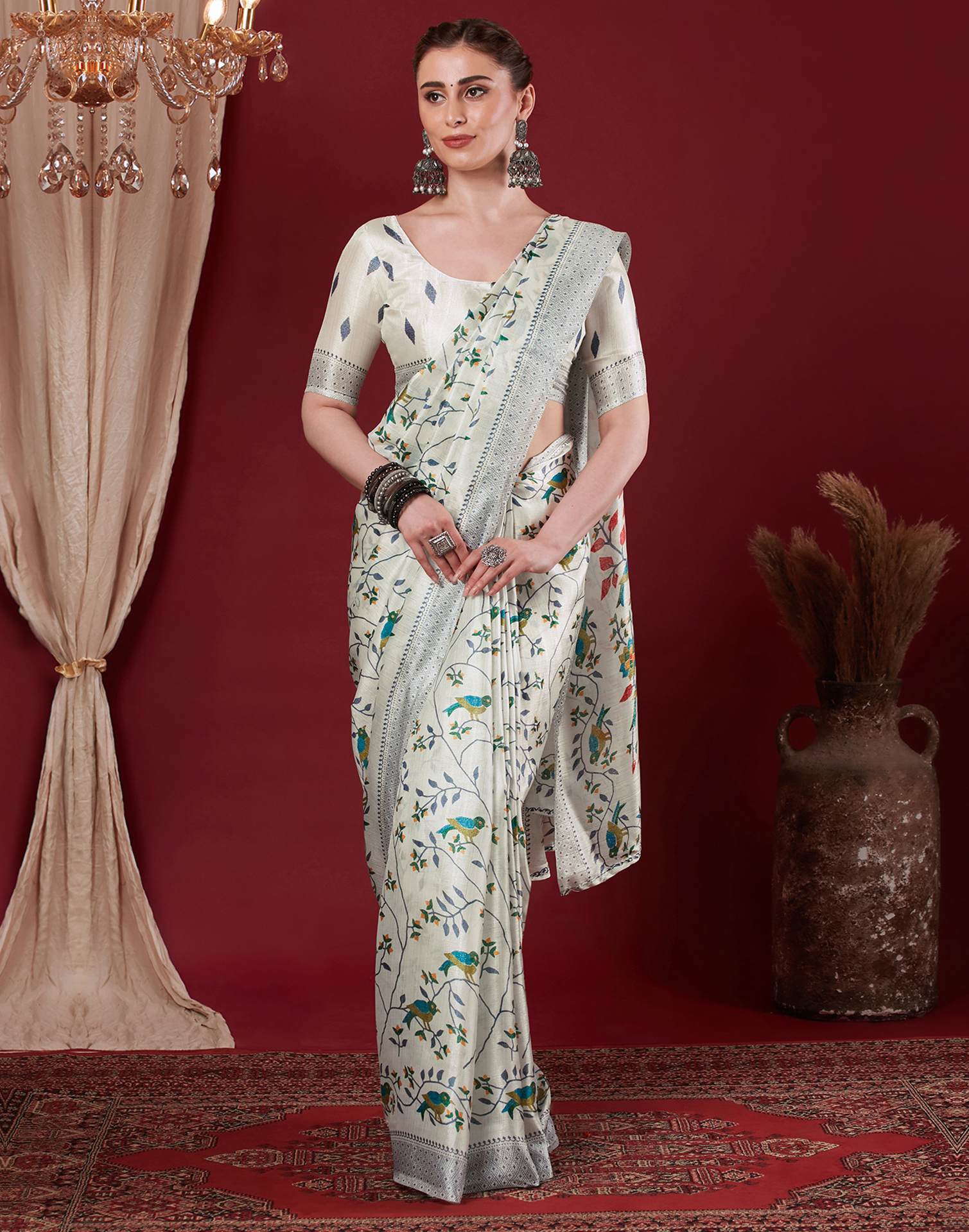 Off White Cotton Blend Floral Printed Saree