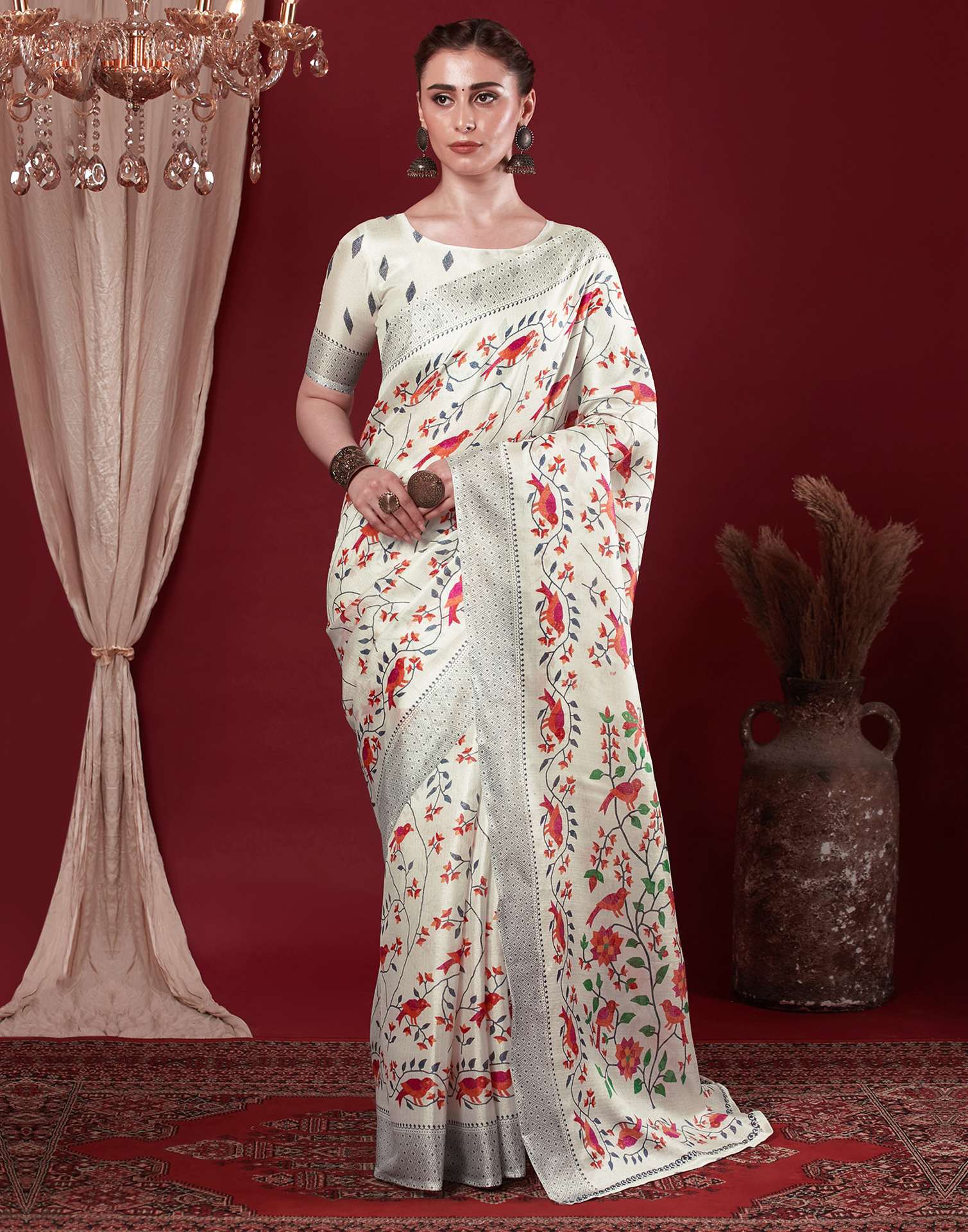 Off White Cotton Blend Floral Printed Saree