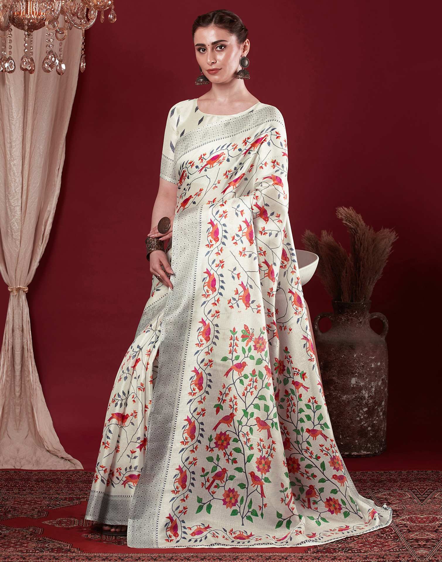 Off White Cotton Blend Floral Printed Saree