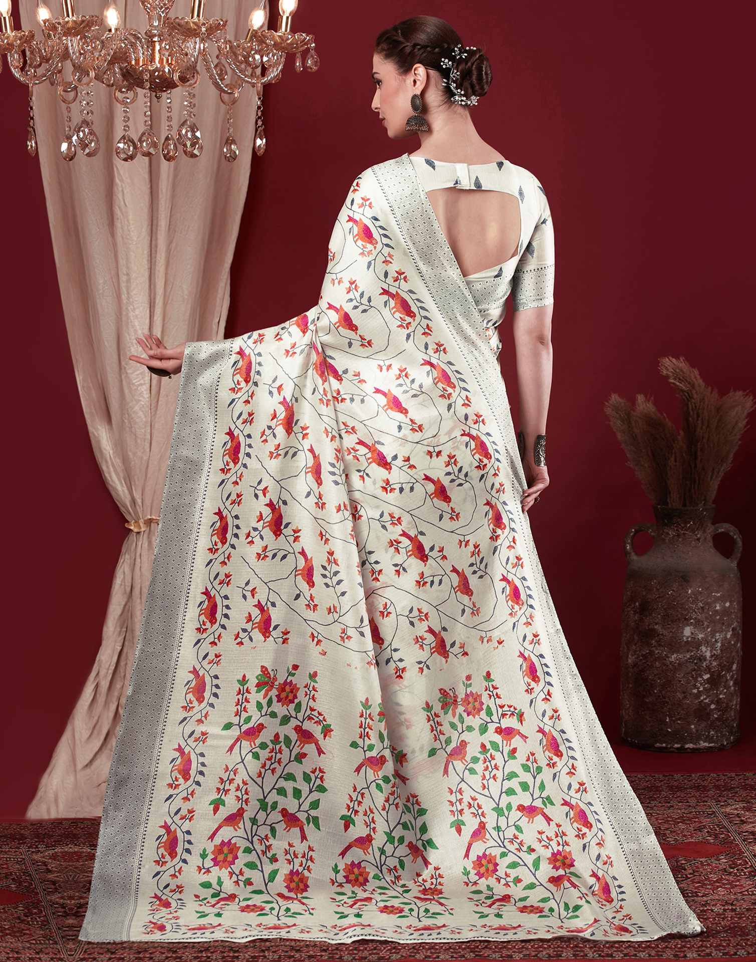 Off White Cotton Blend Floral Printed Saree