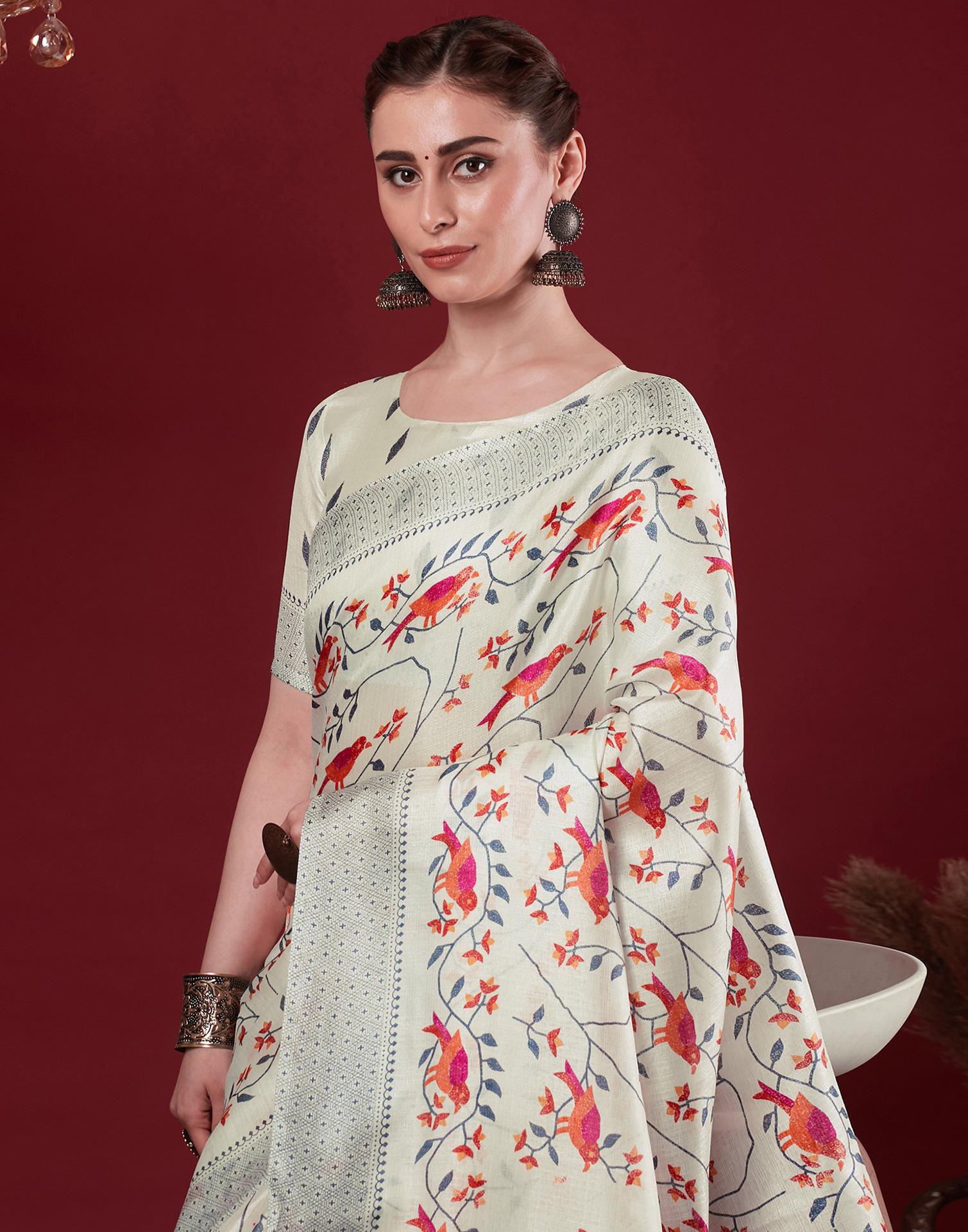 Off White Cotton Blend Floral Printed Saree