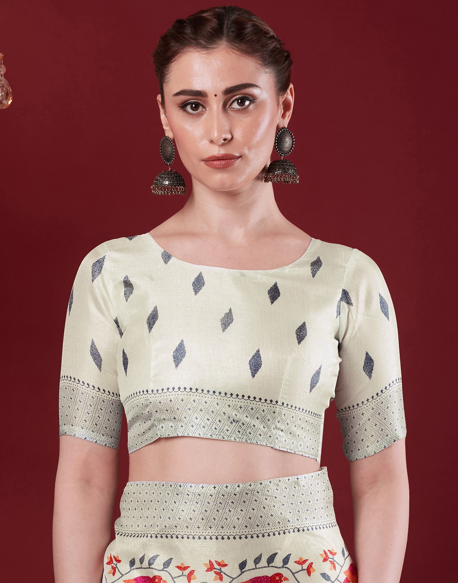 Off White Cotton Blend Floral Printed Saree