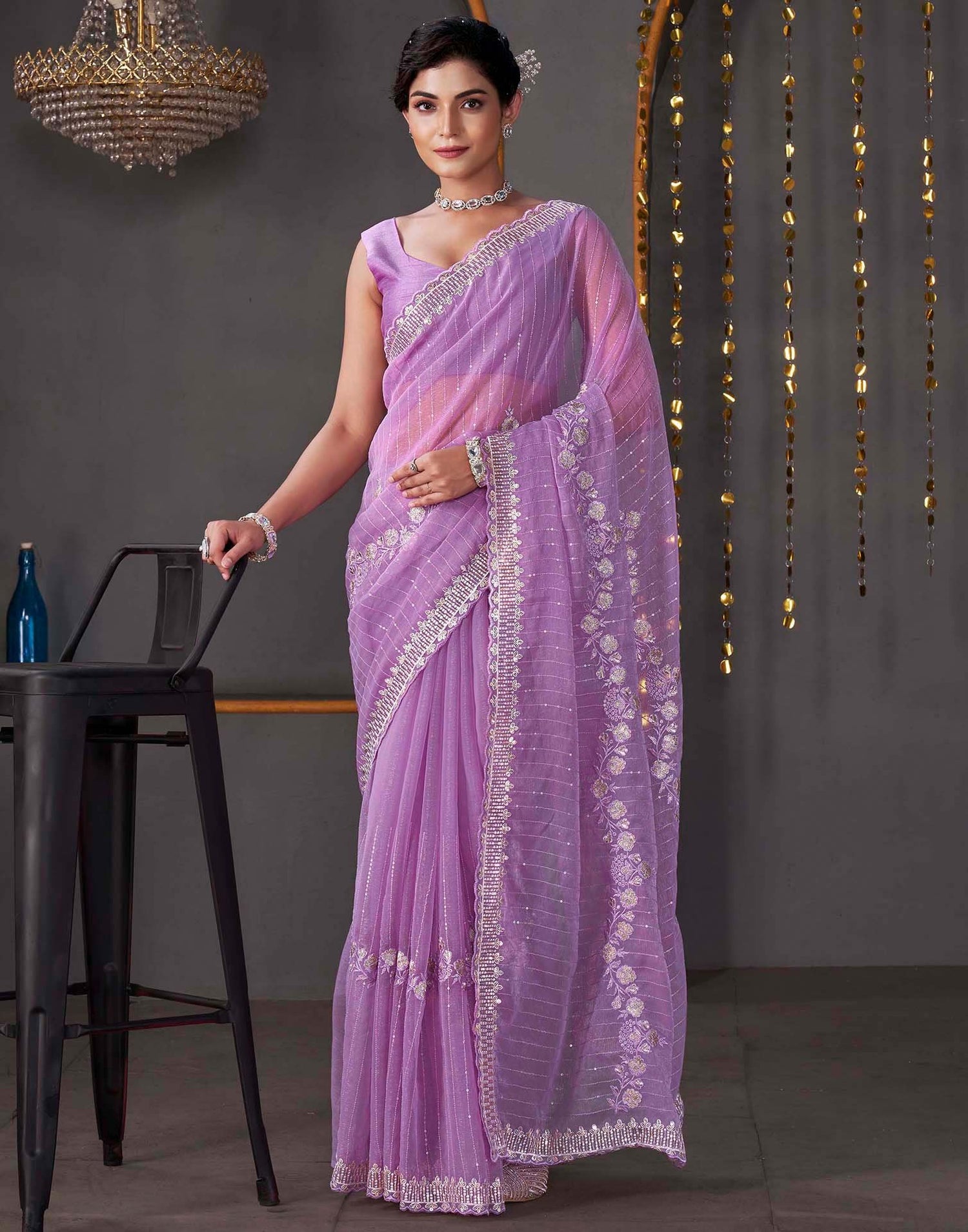 Light Purple Organza Sequence Embroidery Saree