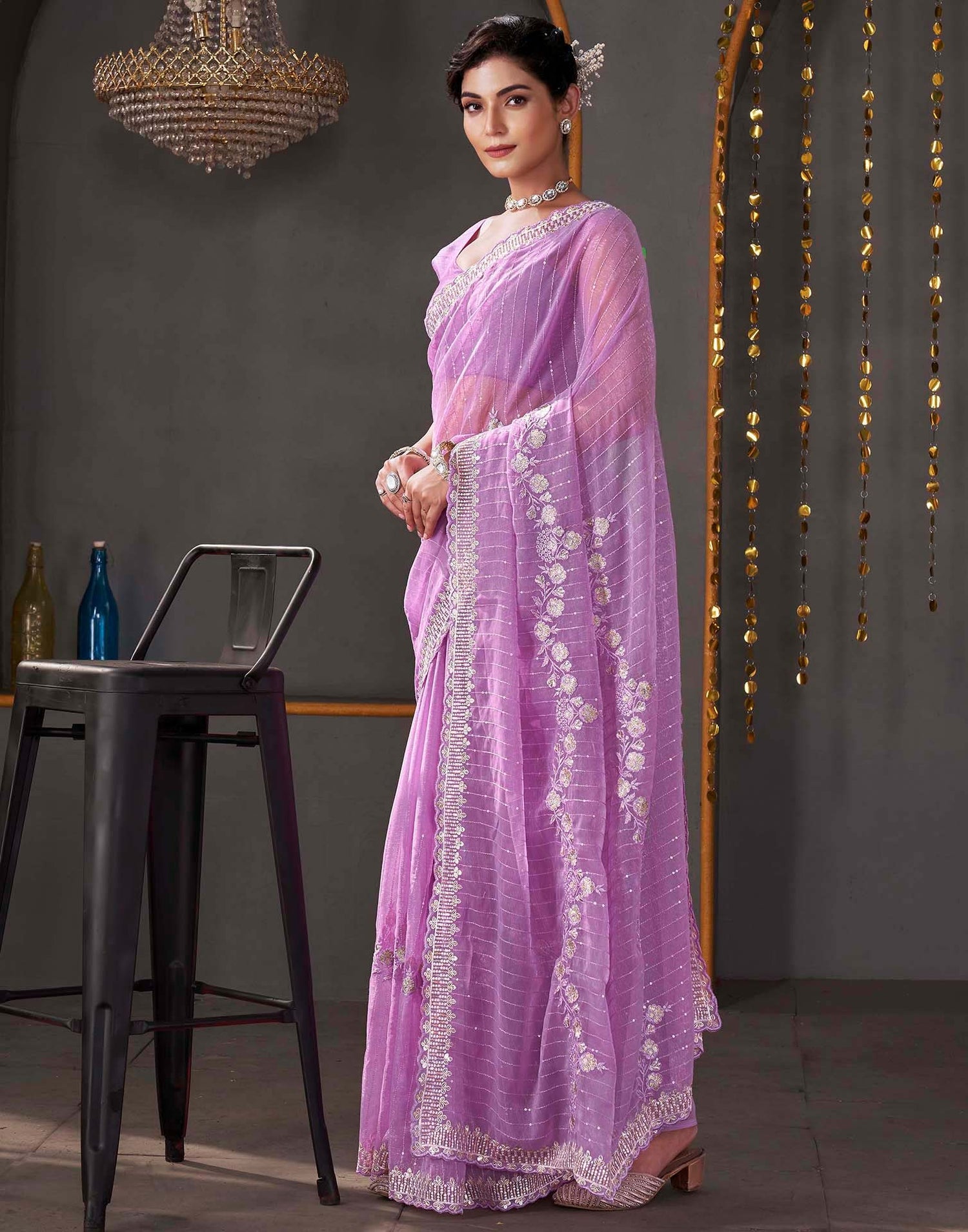 Light Purple Organza Sequence Embroidery Saree