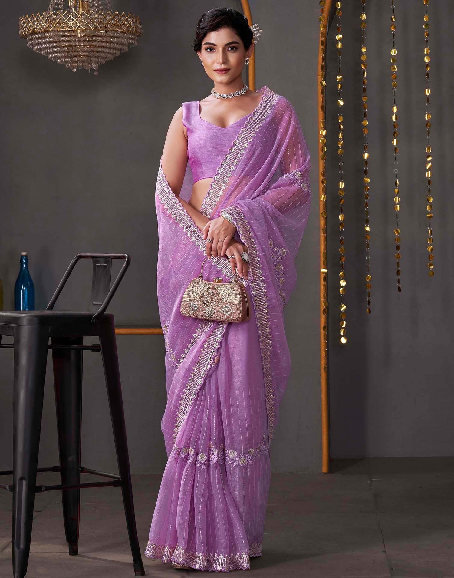 Light Purple Organza Sequence Embroidery Saree
