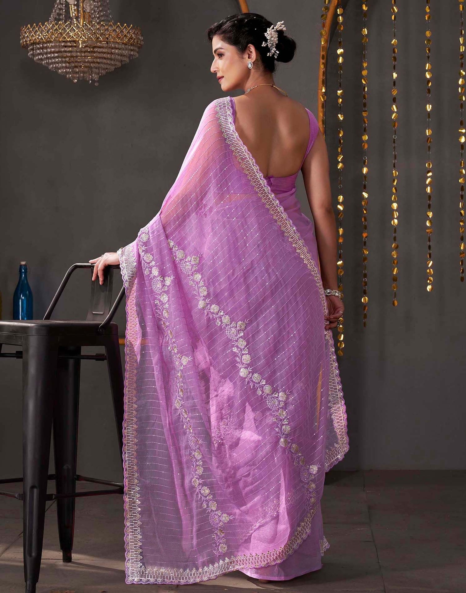 Light Purple Organza Sequence Embroidery Saree