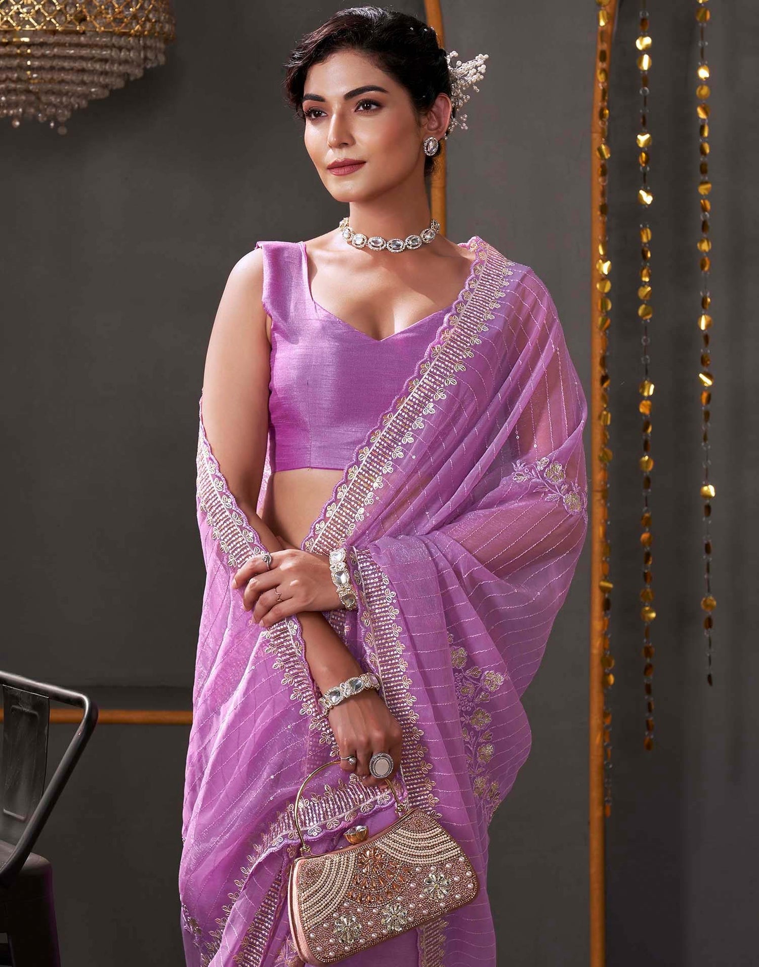 Light Purple Organza Sequence Embroidery Saree