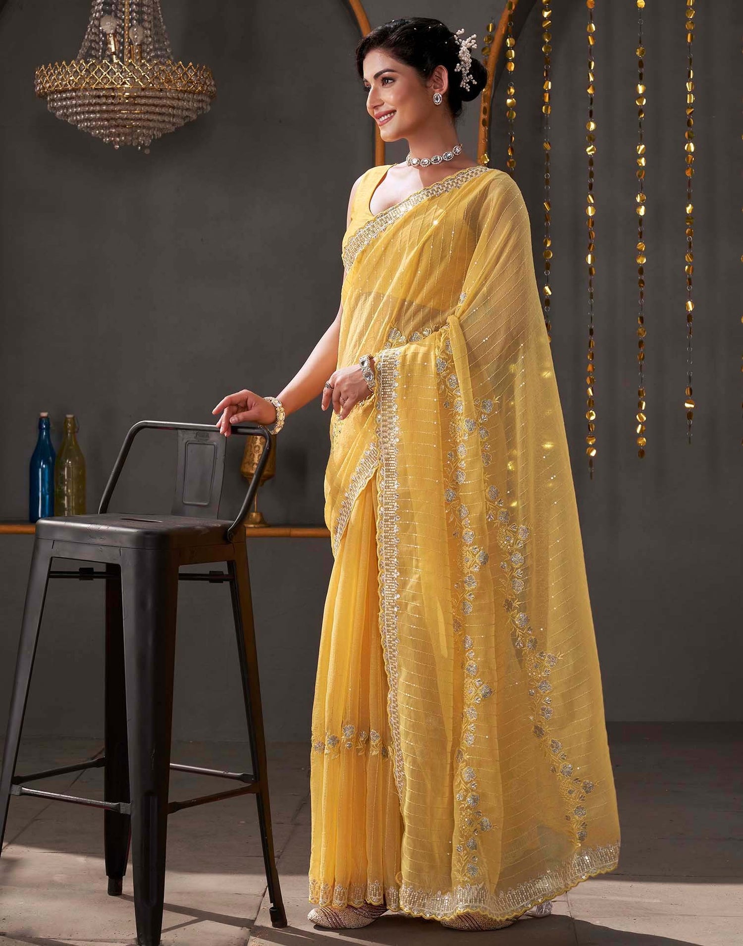 Yellow Organza Sequence Embroidery Saree