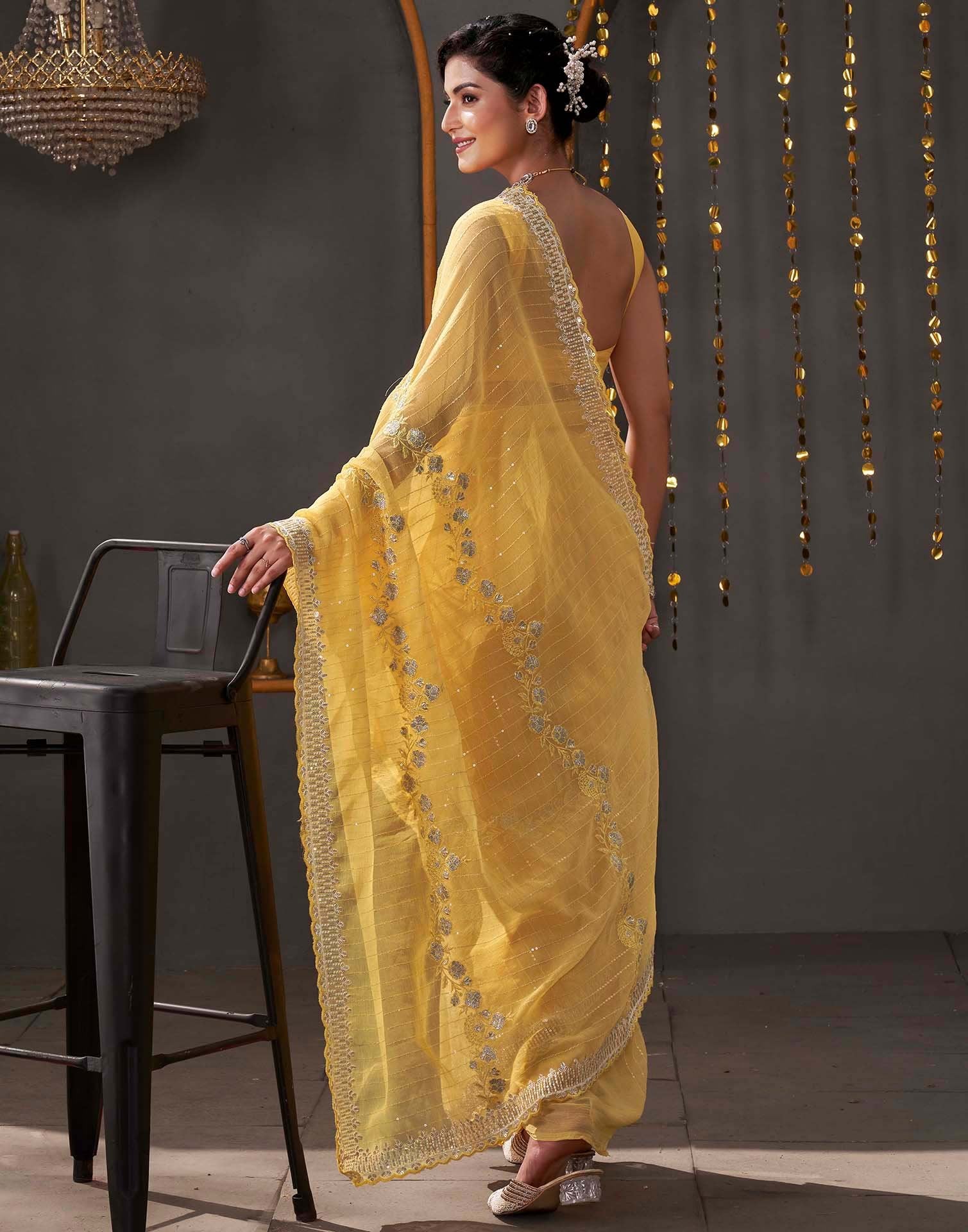 Yellow Organza Sequence Embroidery Saree
