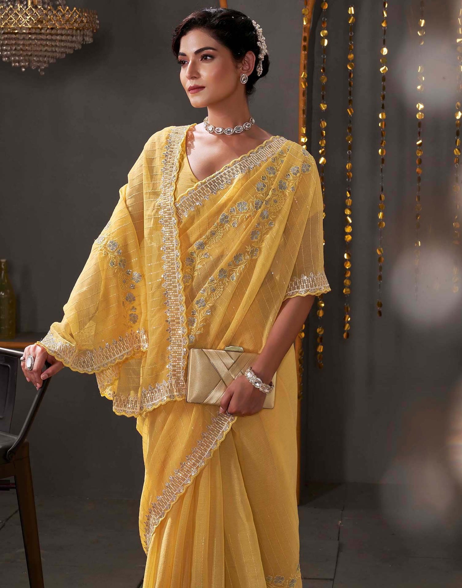Yellow Organza Sequence Embroidery Saree