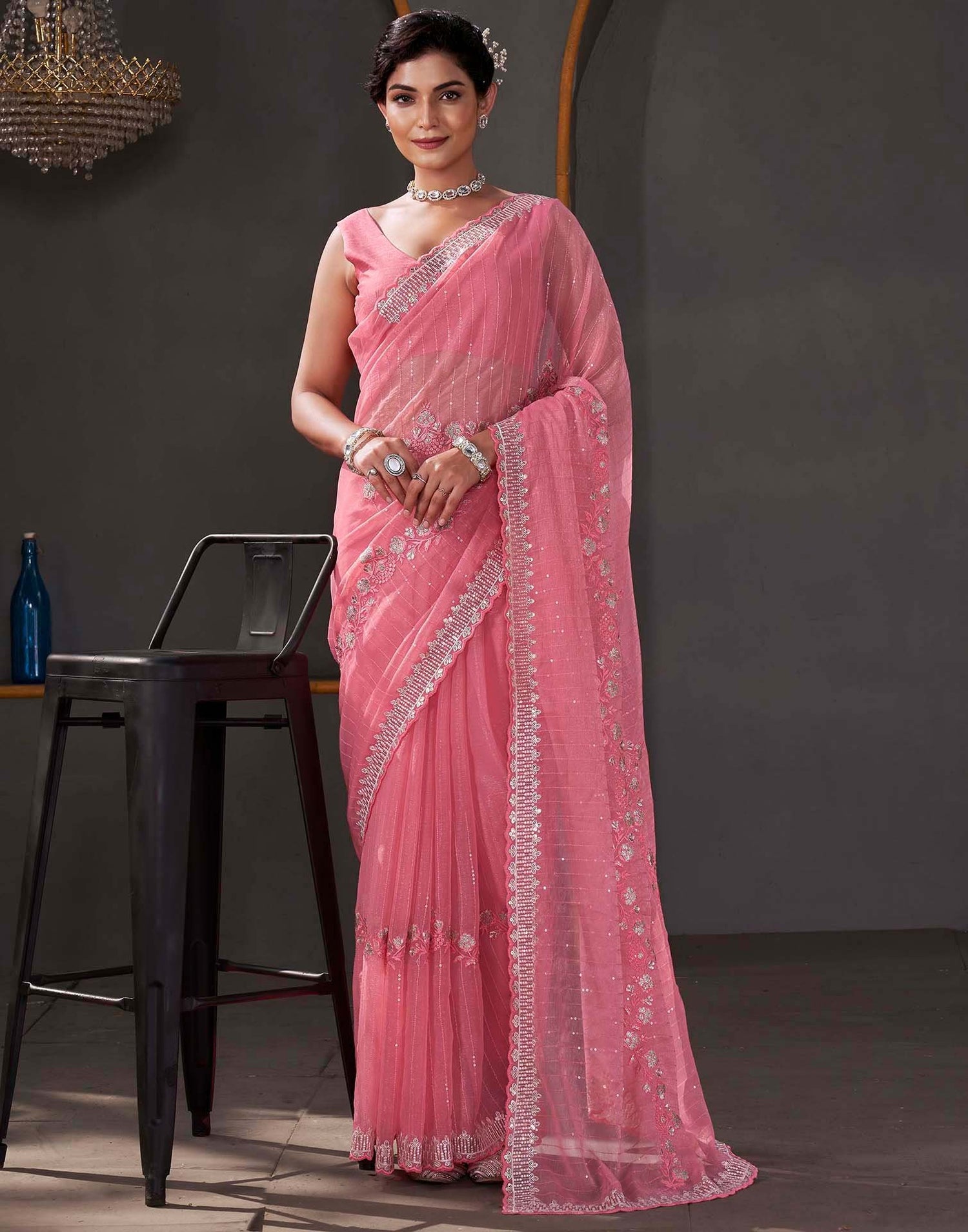 Rose Pink Organza Sequence Embroidery Saree