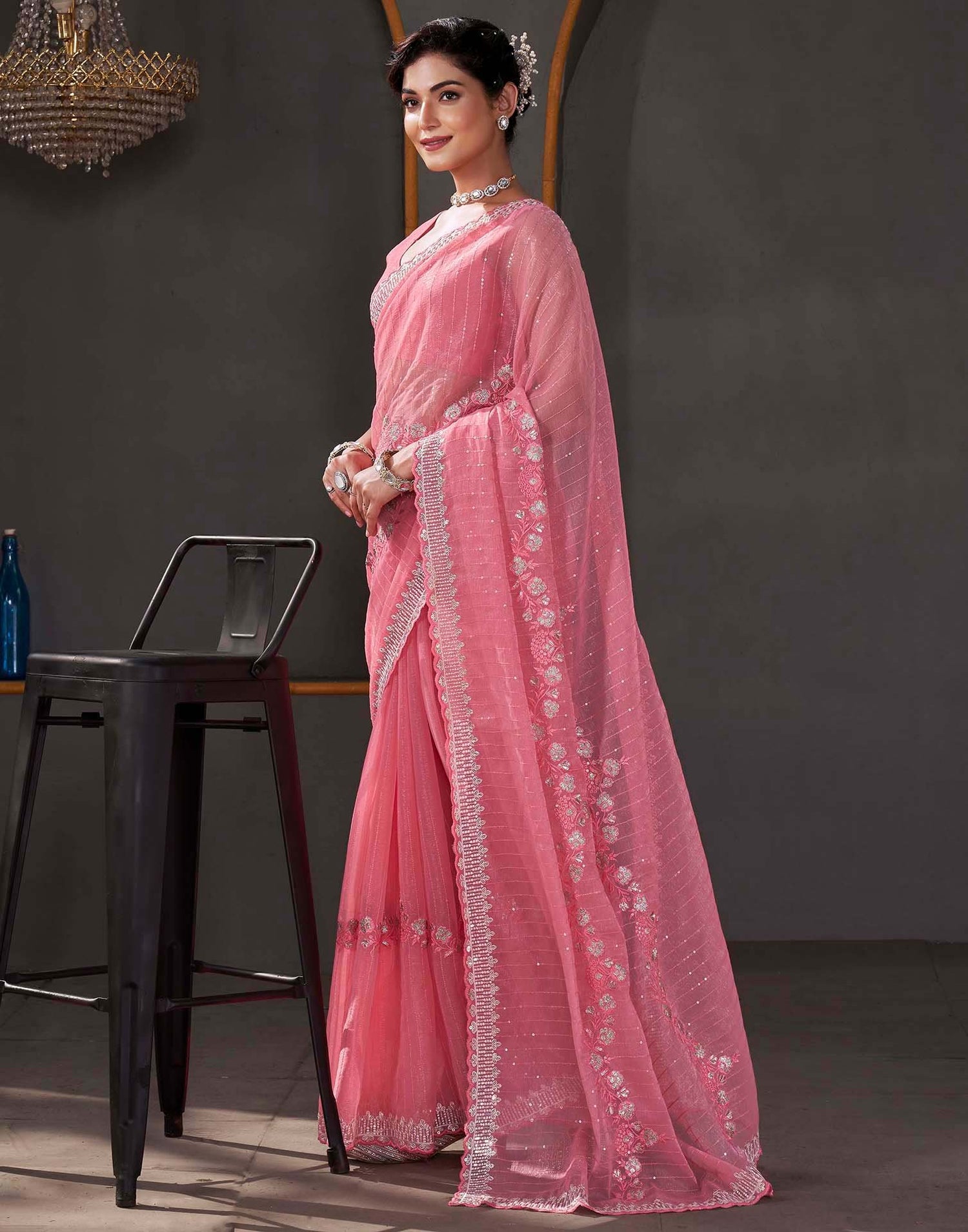 Rose Pink Organza Sequence Embroidery Saree