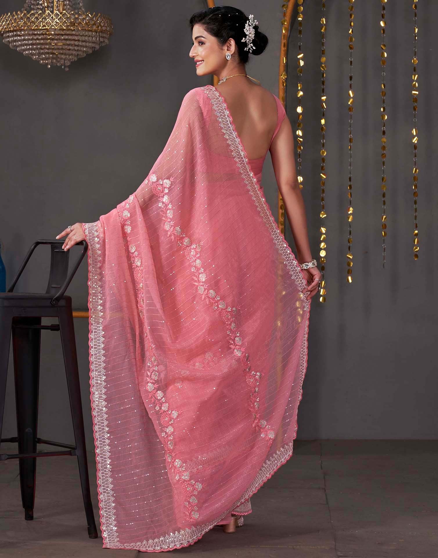 Rose Pink Organza Sequence Embroidery Saree