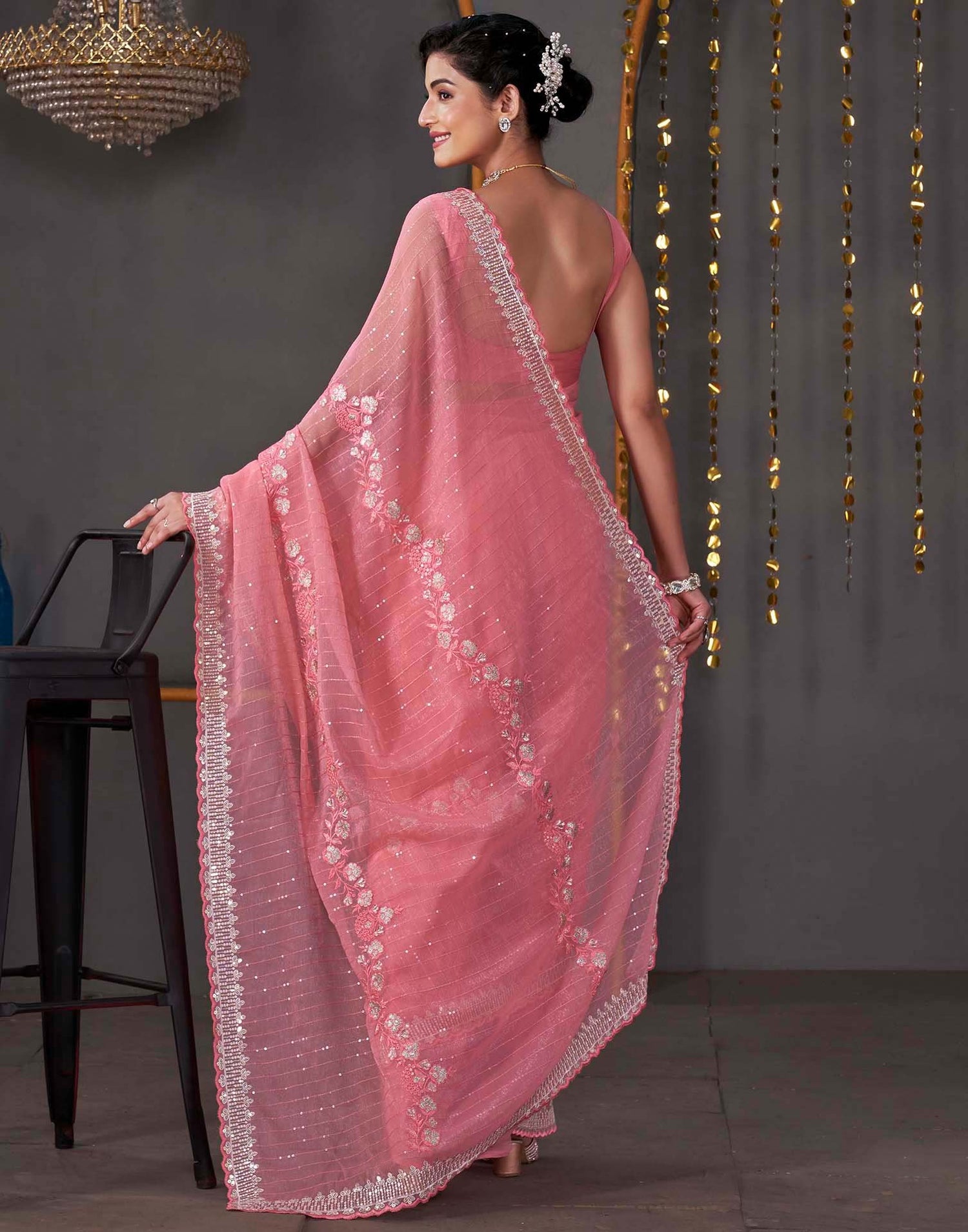 Rose Pink Organza Sequence Embroidery Saree