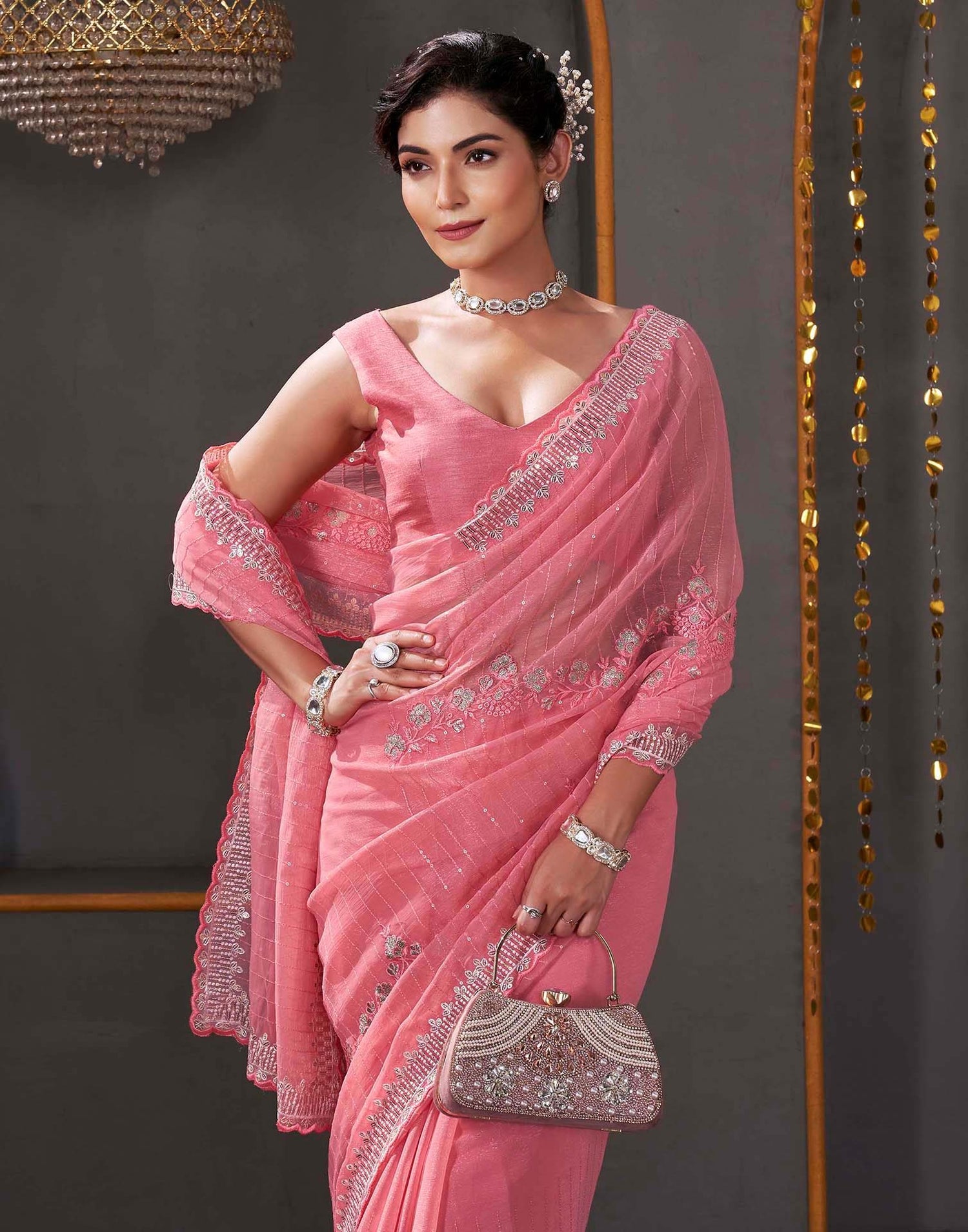 Rose Pink Organza Sequence Embroidery Saree