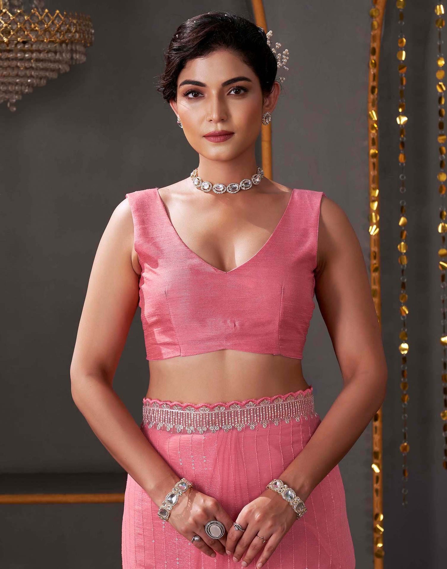 Rose Pink Organza Sequence Embroidery Saree