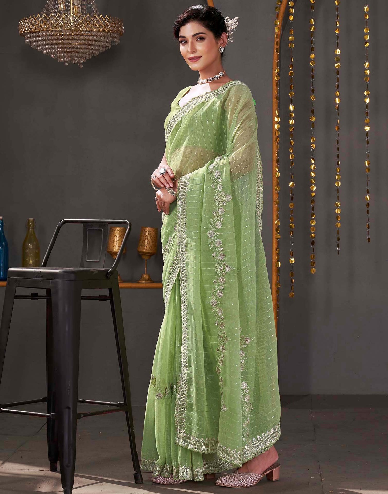 Light Green Organza Sequence Embroidery Saree