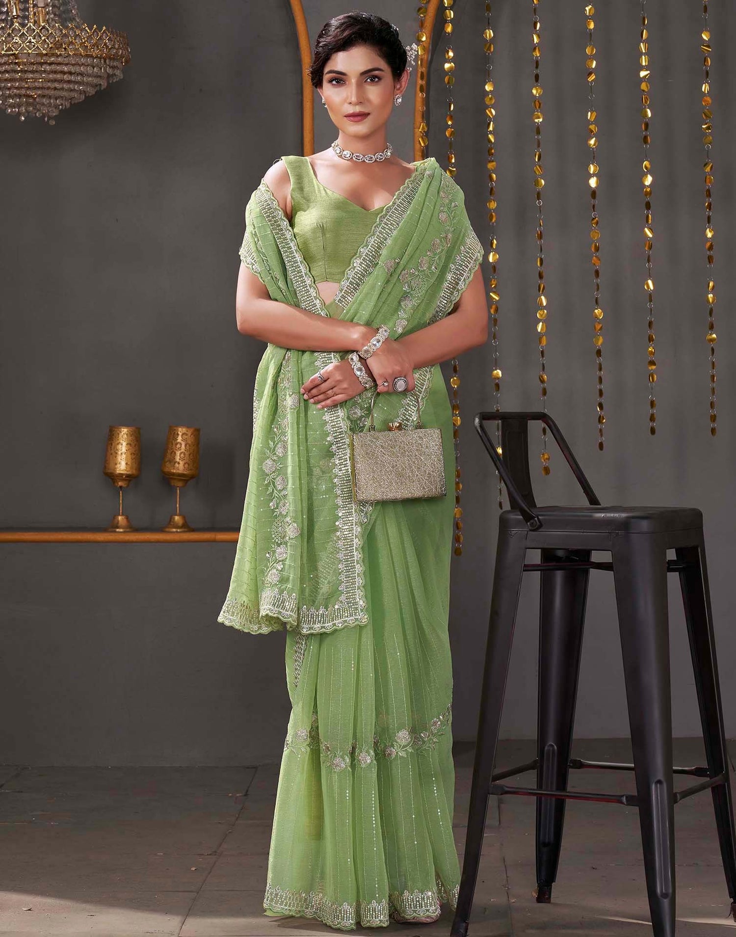 Light Green Organza Sequence Embroidery Saree