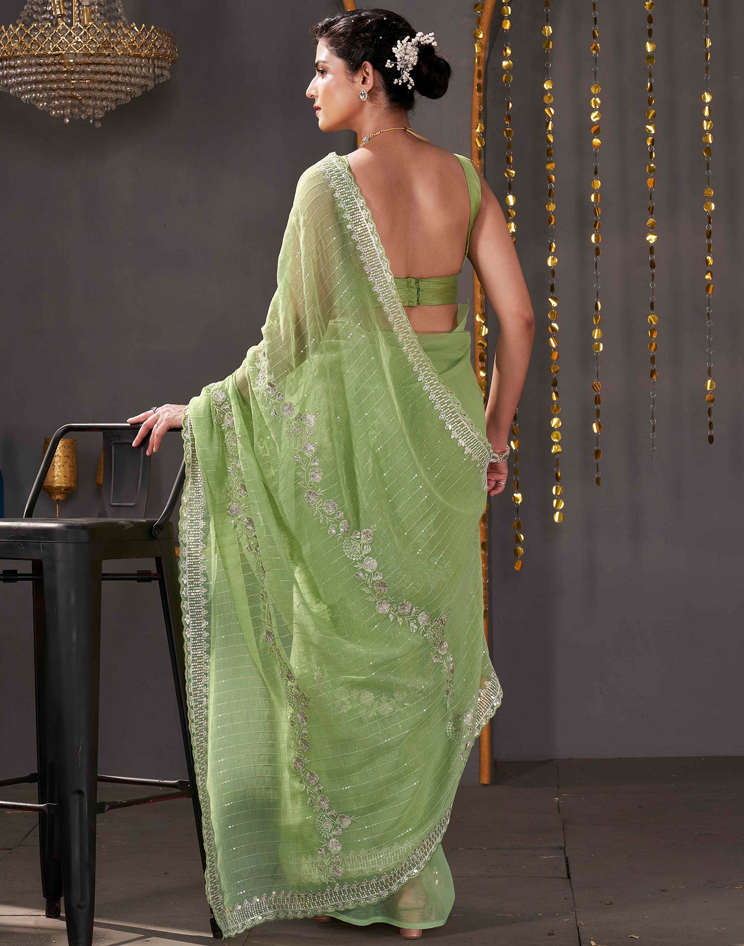 Light Green Organza Sequence Embroidery Saree