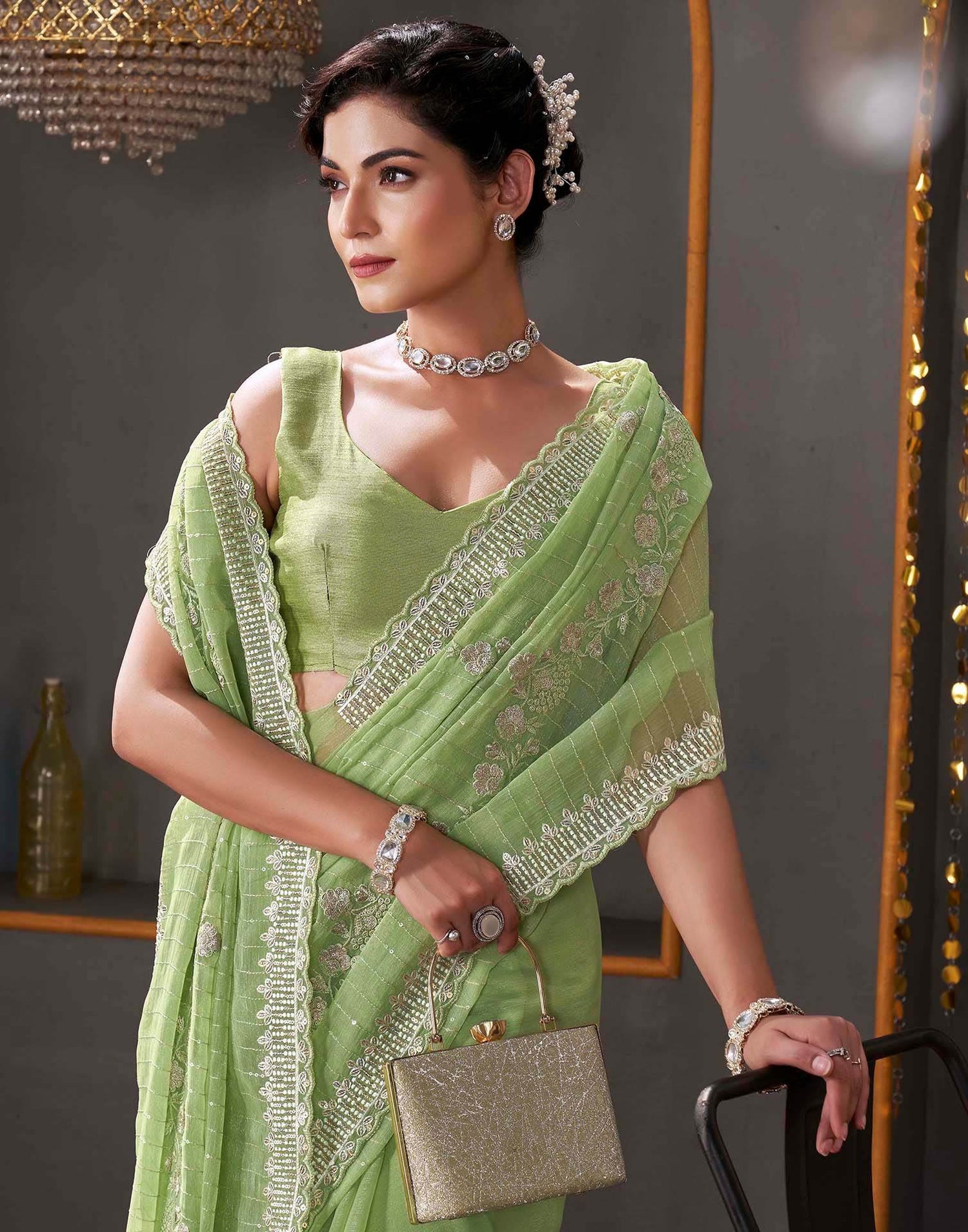 Light Green Organza Sequence Embroidery Saree