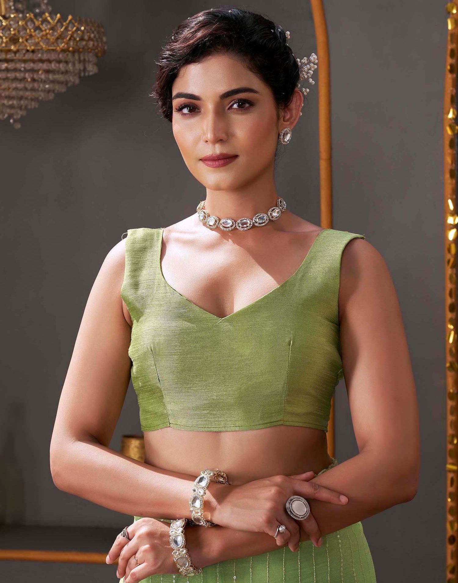 Light Green Organza Sequence Embroidery Saree