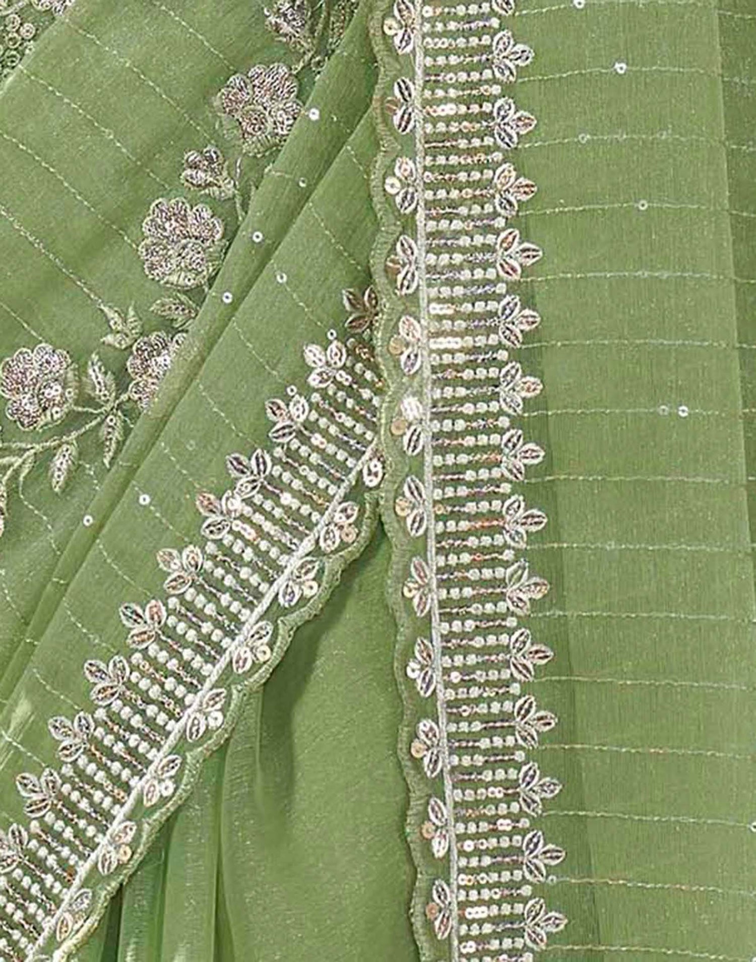 Light Green Organza Sequence Embroidery Saree