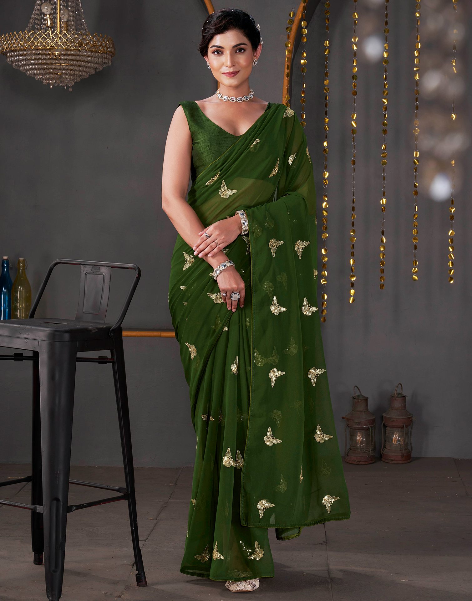 Dark Olive Green Georgette Sequence Embroidery Saree