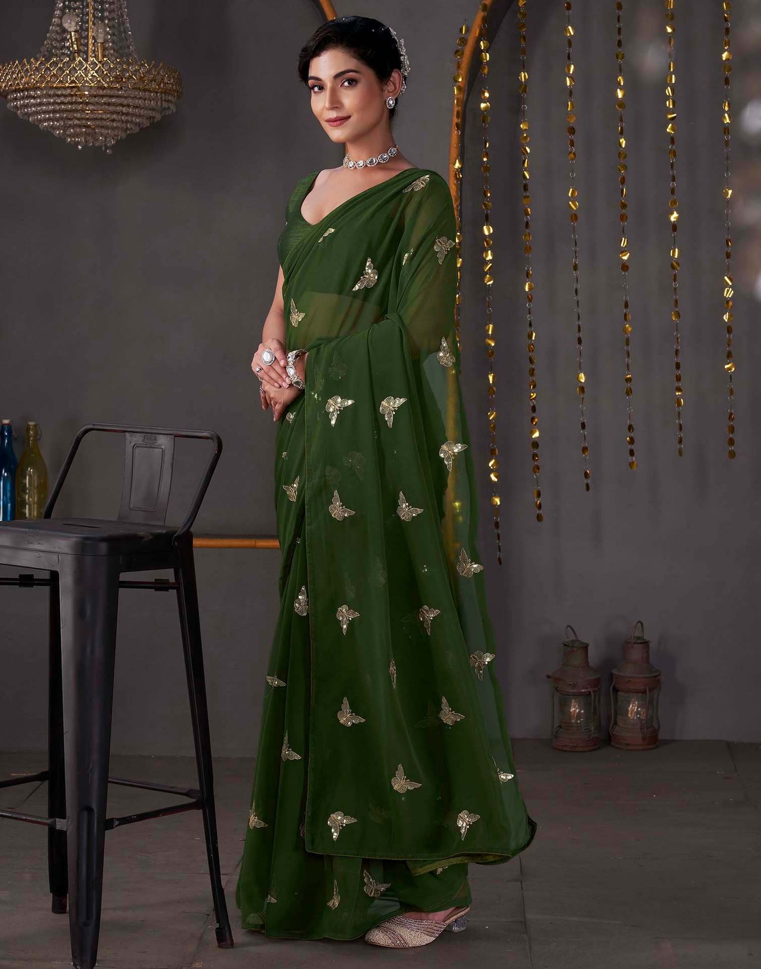 Dark Olive Green Georgette Sequence Embroidery Saree