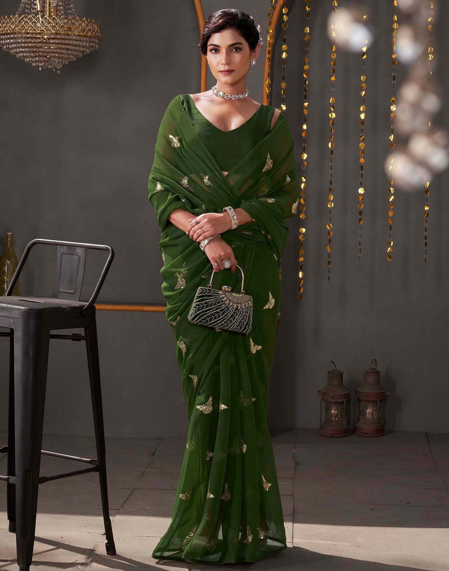 Dark Olive Green Georgette Sequence Embroidery Saree
