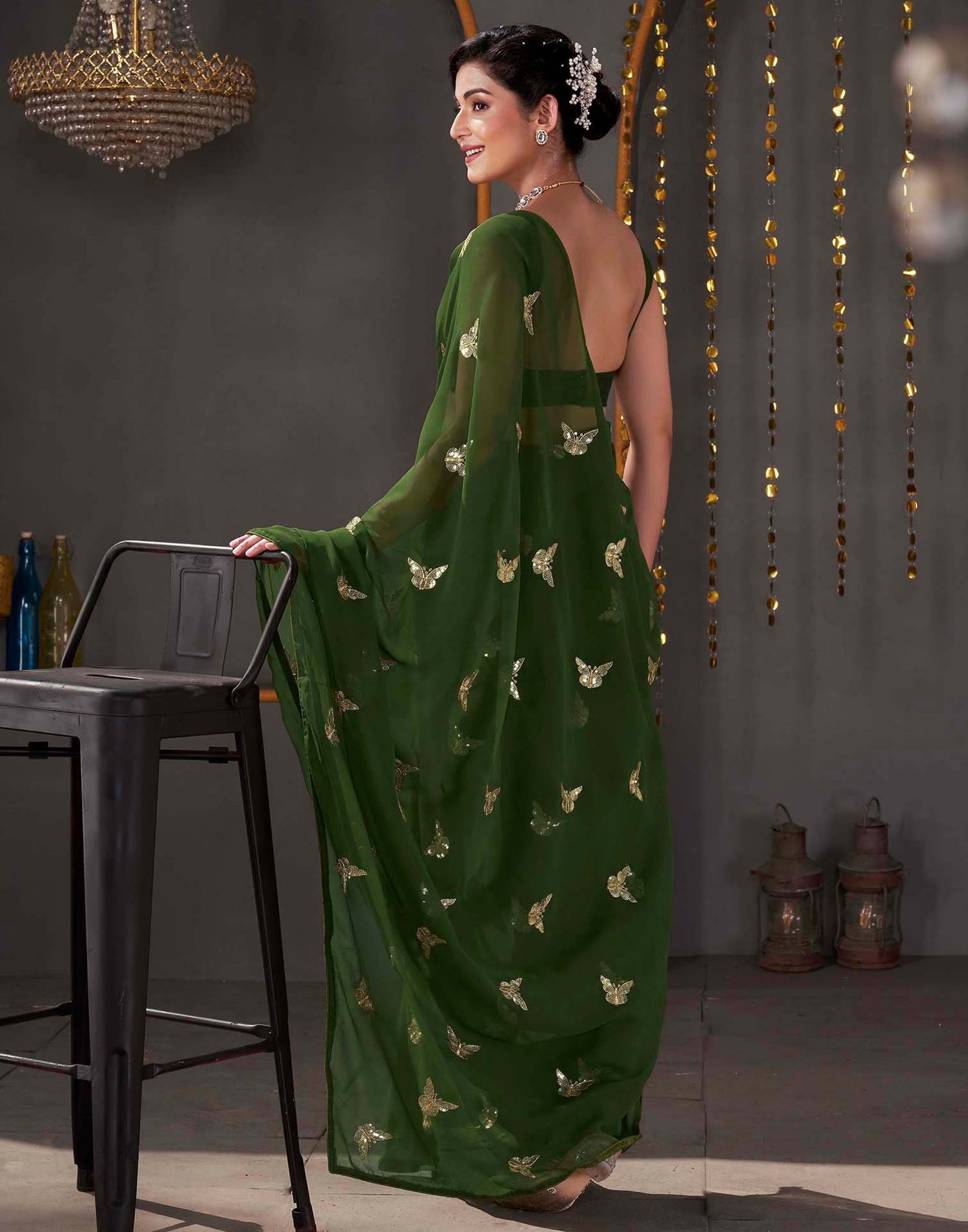 Dark Olive Green Georgette Sequence Embroidery Saree