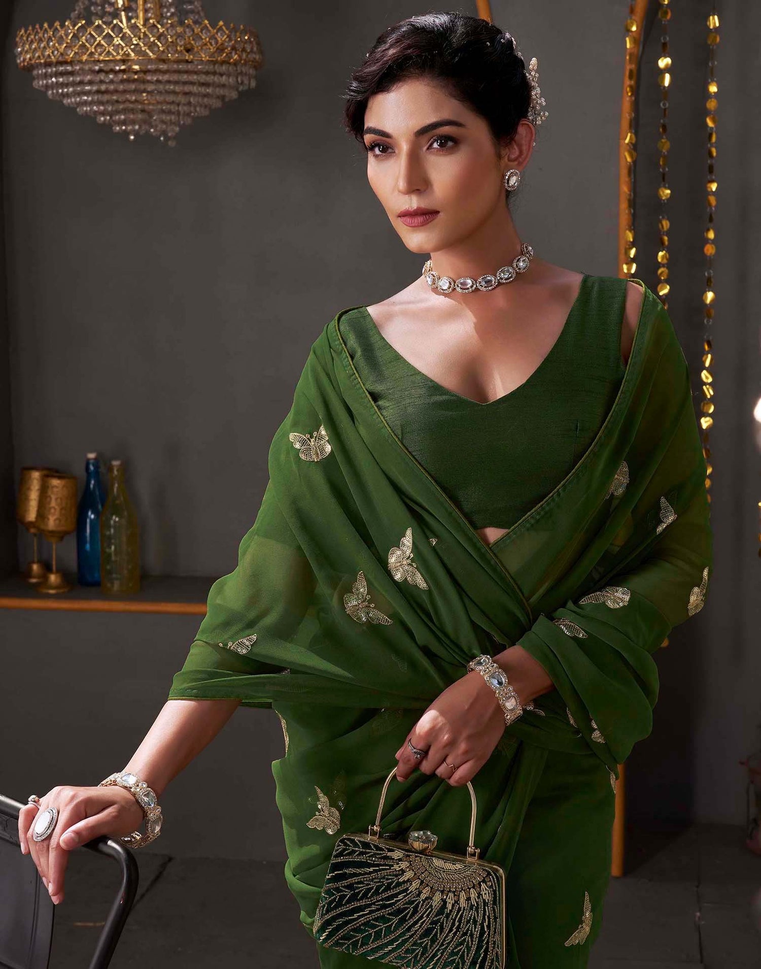 Dark Olive Green Georgette Sequence Embroidery Saree