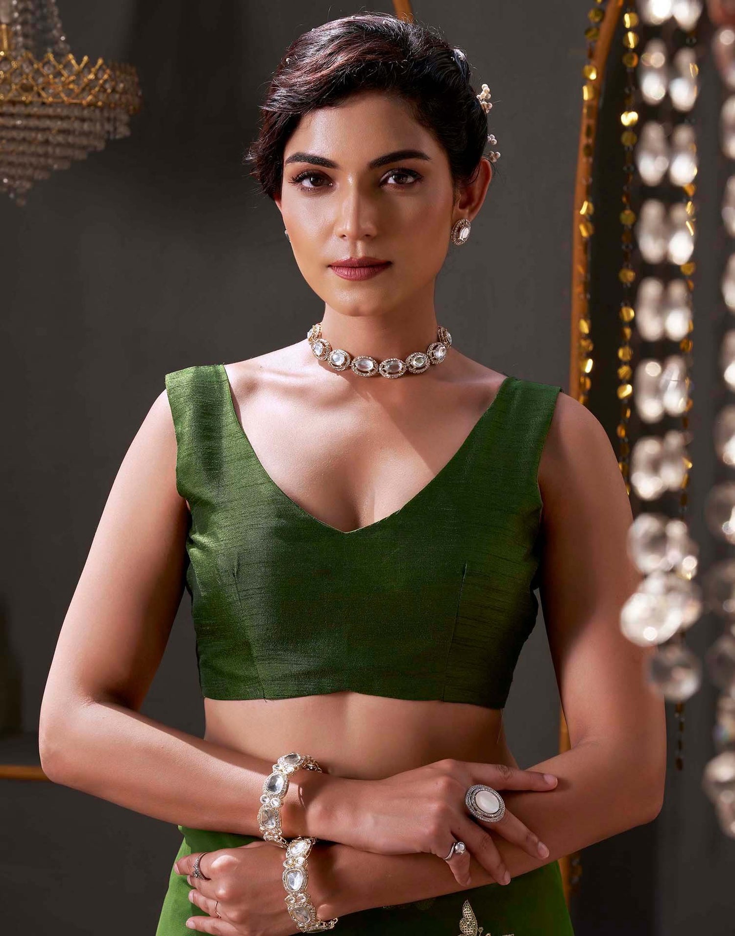 Dark Olive Green Georgette Sequence Embroidery Saree